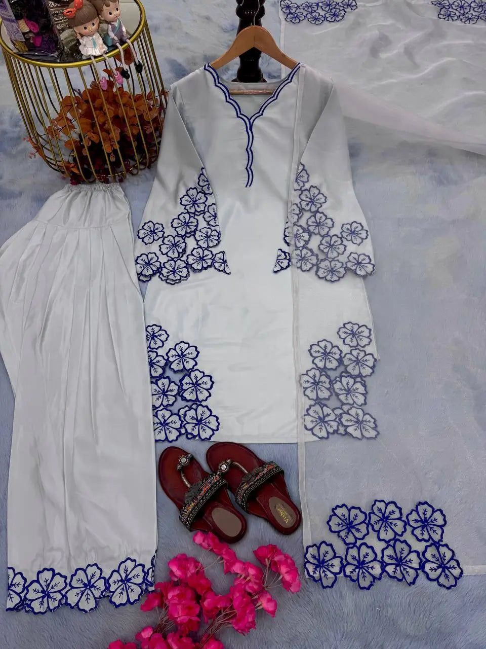 White & Blue Embroidered Crepe Suit with Farshi Plazzo & Organza Dupatta – Summer Festive Wear