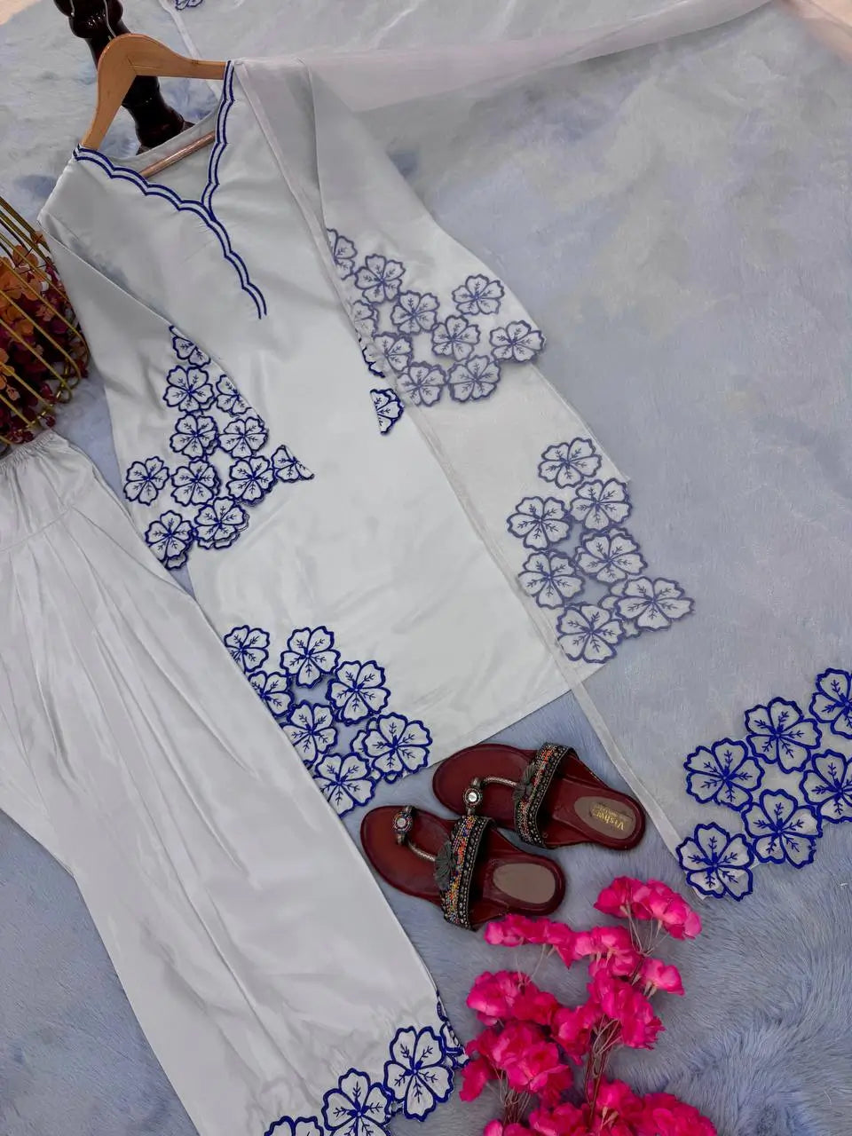 White & Blue Embroidered Crepe Suit with Farshi Plazzo & Organza Dupatta – Summer Festive Wear