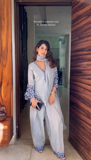 White & Blue Embroidered Crepe Suit with Farshi Plazzo & Organza Dupatta – Summer Festive Wear