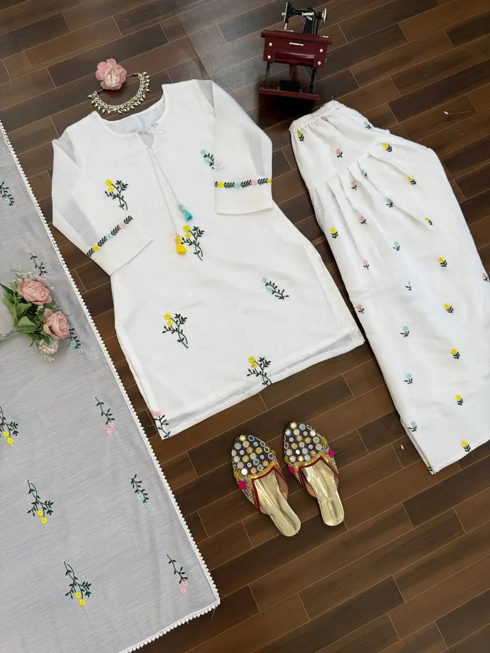 White Chanderi Thread Work Suit Set