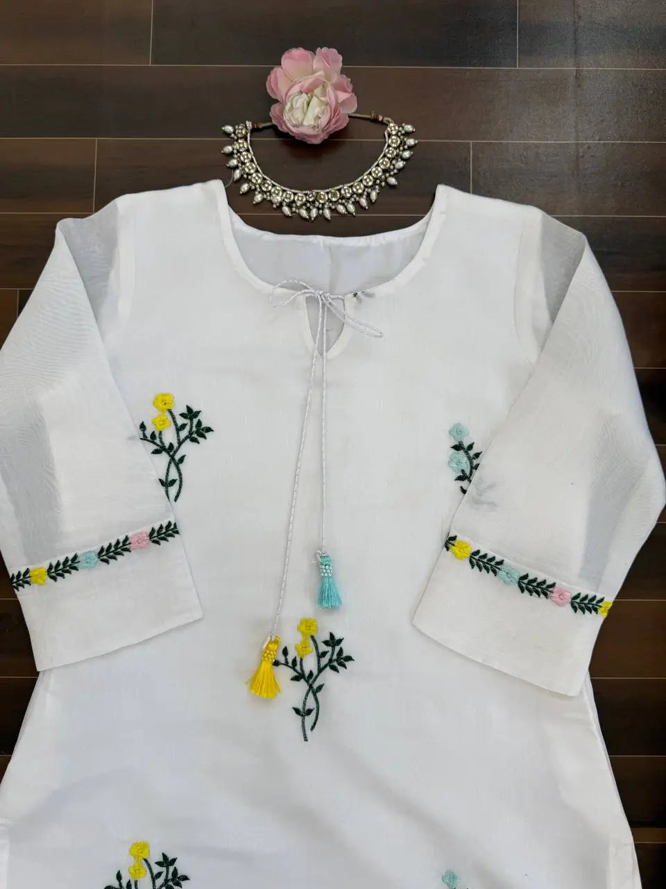 White Chanderi Thread Work Suit Set