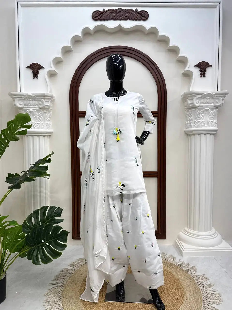 White Chanderi Thread Work Suit Set