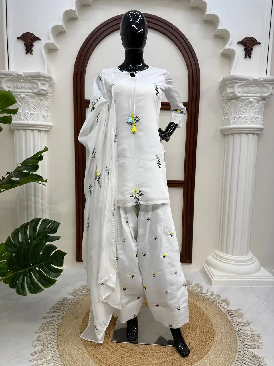 White Chanderi Thread Work Suit Set
