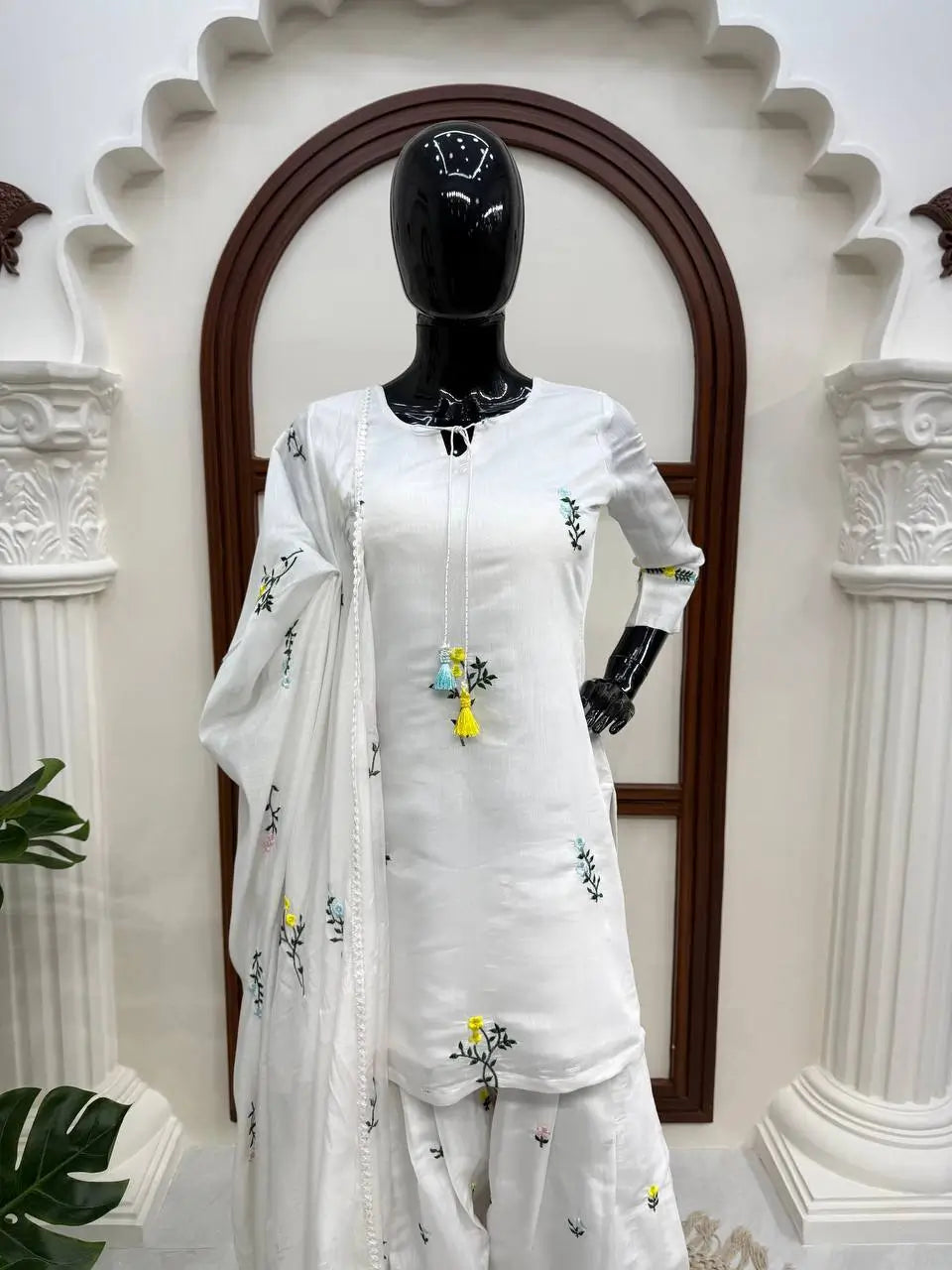 White Chanderi Thread Work Suit Set