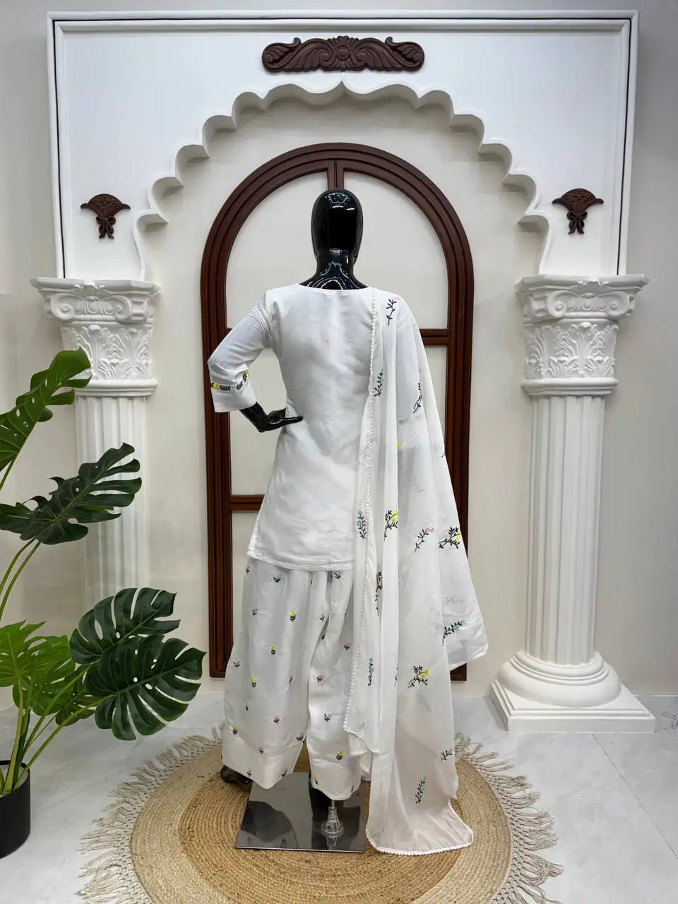 White Chanderi Thread Work Suit Set
