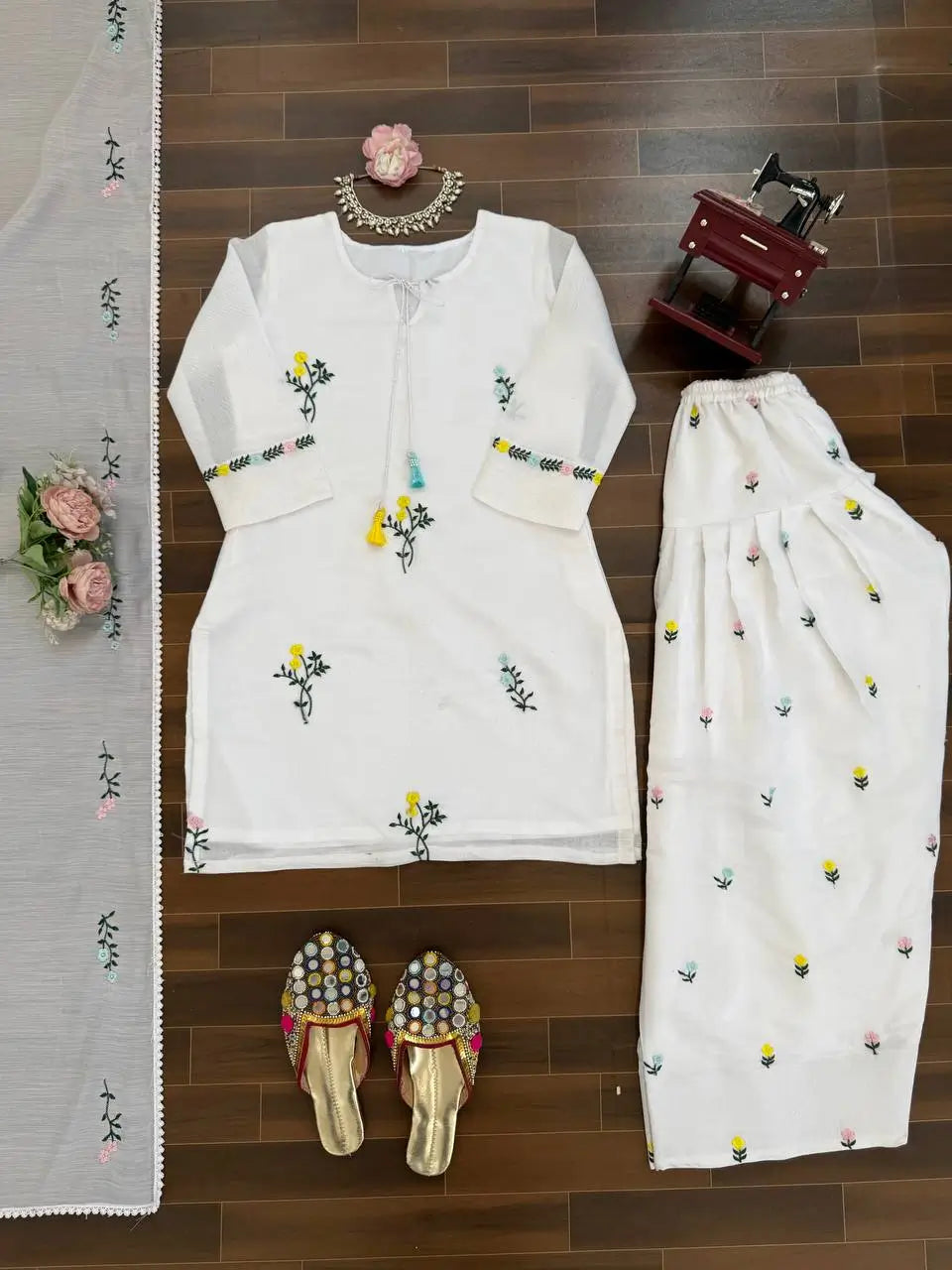 White Chanderi Thread Work Suit Set