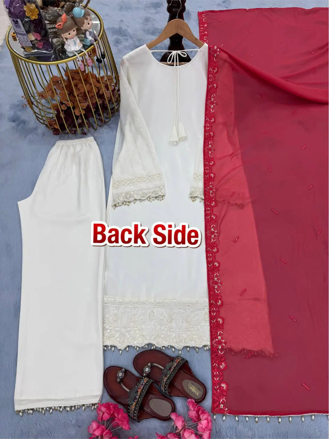 White Faux Georgette Embroidered Suit with Pink Dupatta & Plazzo – Festive Collection
