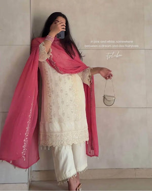 White Faux Georgette Embroidered Suit with Pink Dupatta & Plazzo – Festive Collection