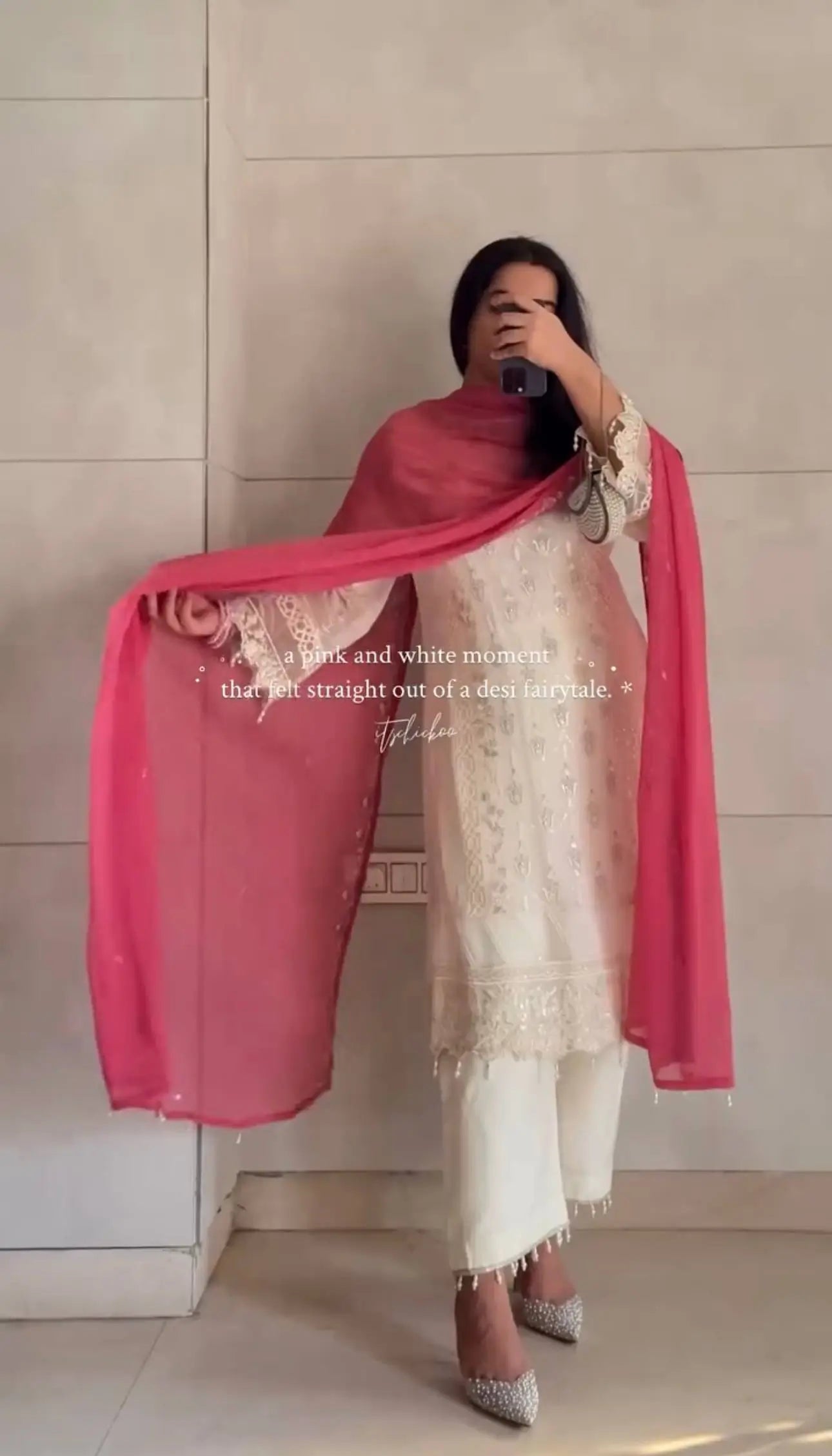 White Faux Georgette Embroidered Suit with Pink Dupatta & Plazzo – Festive Collection