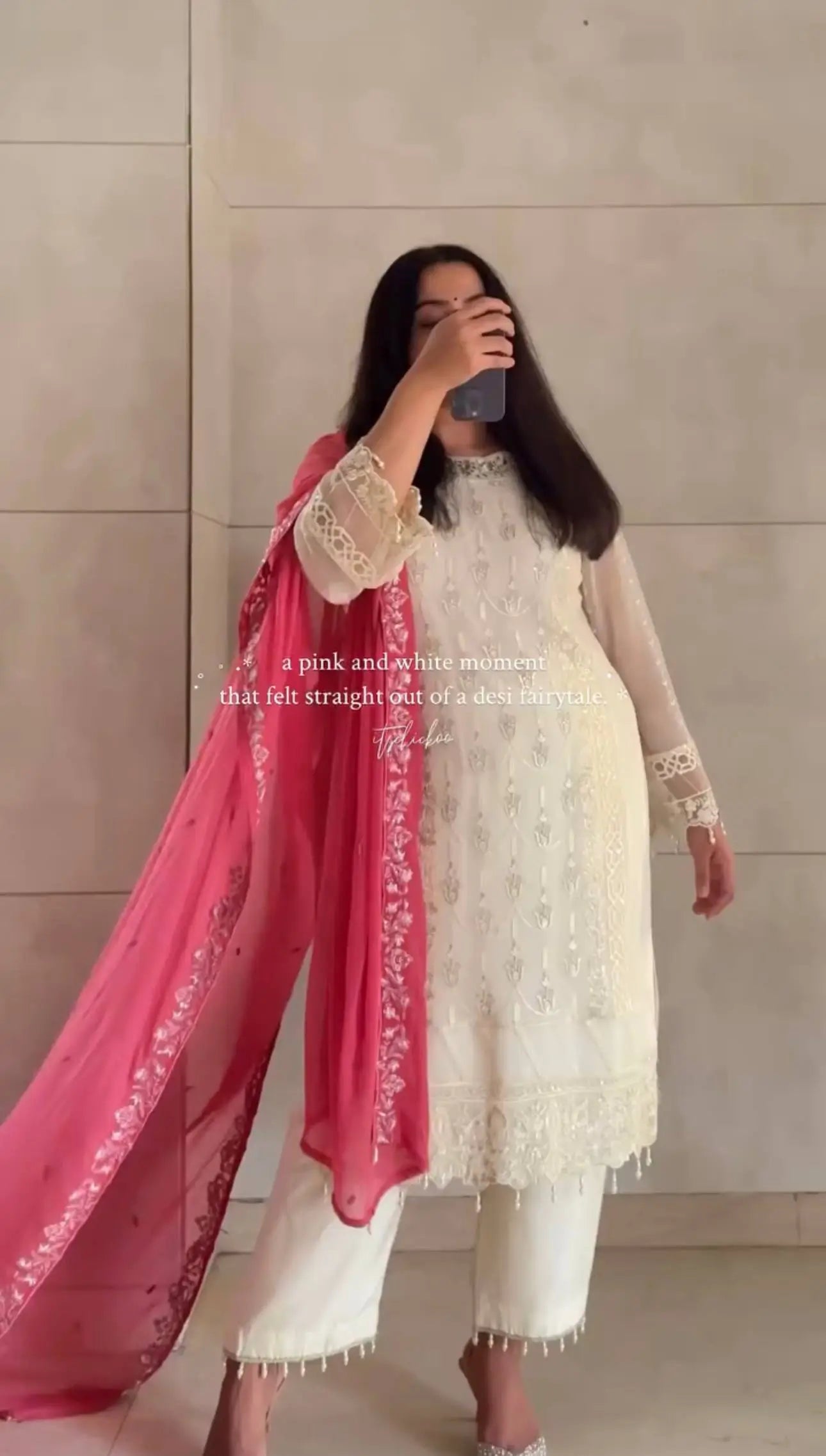White Faux Georgette Embroidered Suit with Pink Dupatta & Plazzo – Festive Collection