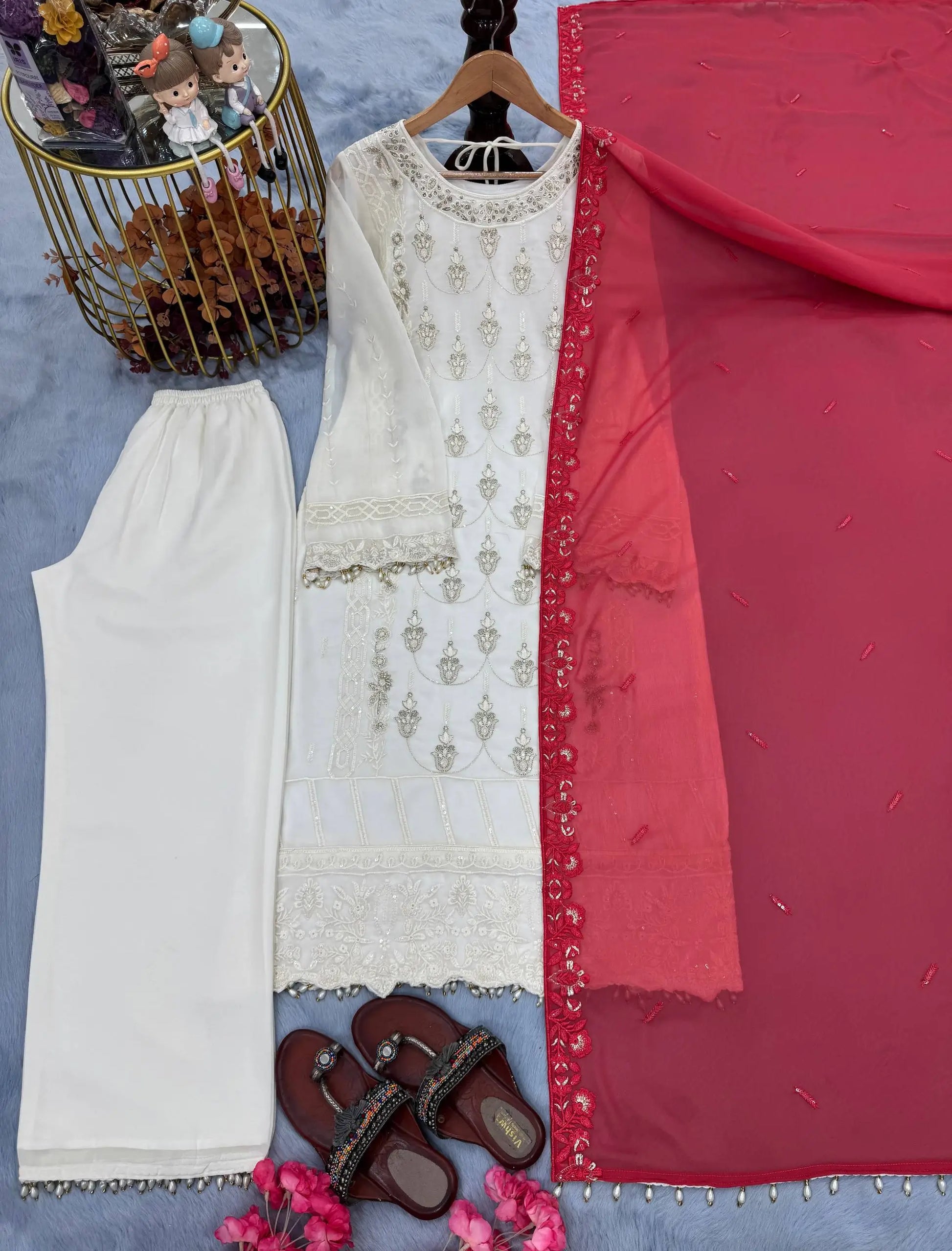 White Faux Georgette Embroidered Suit with Pink Dupatta & Plazzo – Festive Collection