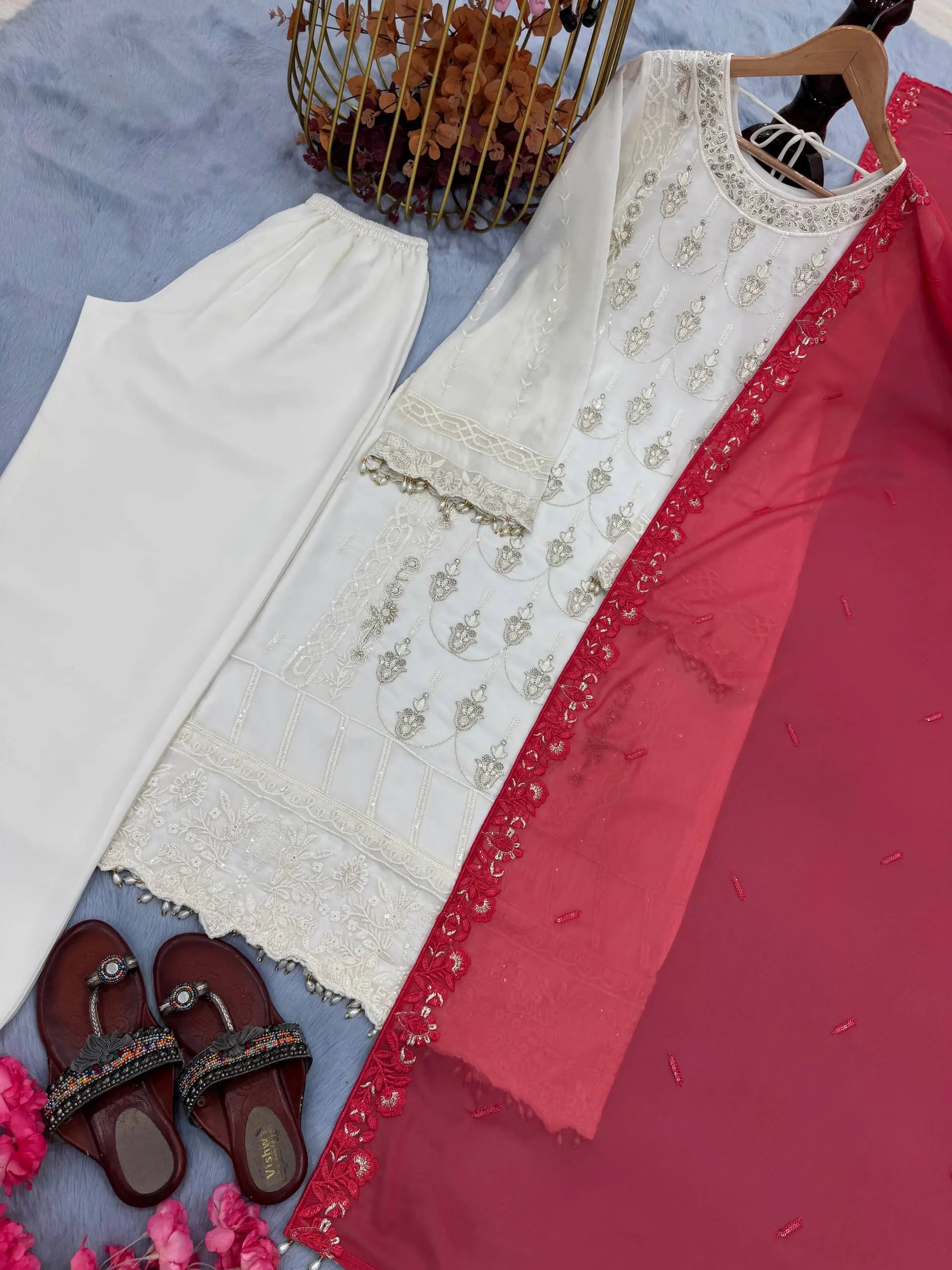 White Faux Georgette Embroidered Suit with Pink Dupatta & Plazzo – Festive Collection