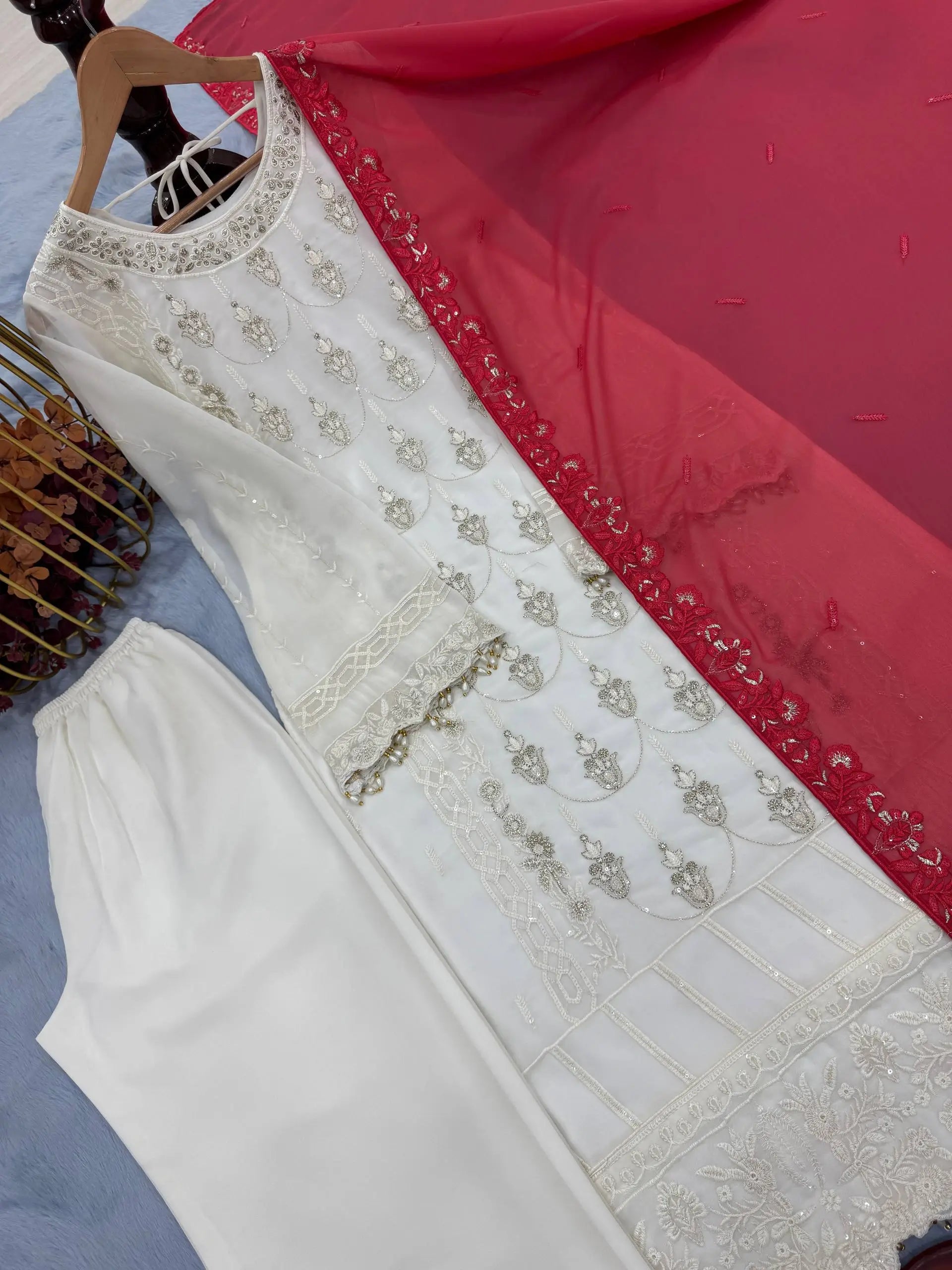White Faux Georgette Embroidered Suit with Pink Dupatta & Plazzo – Festive Collection