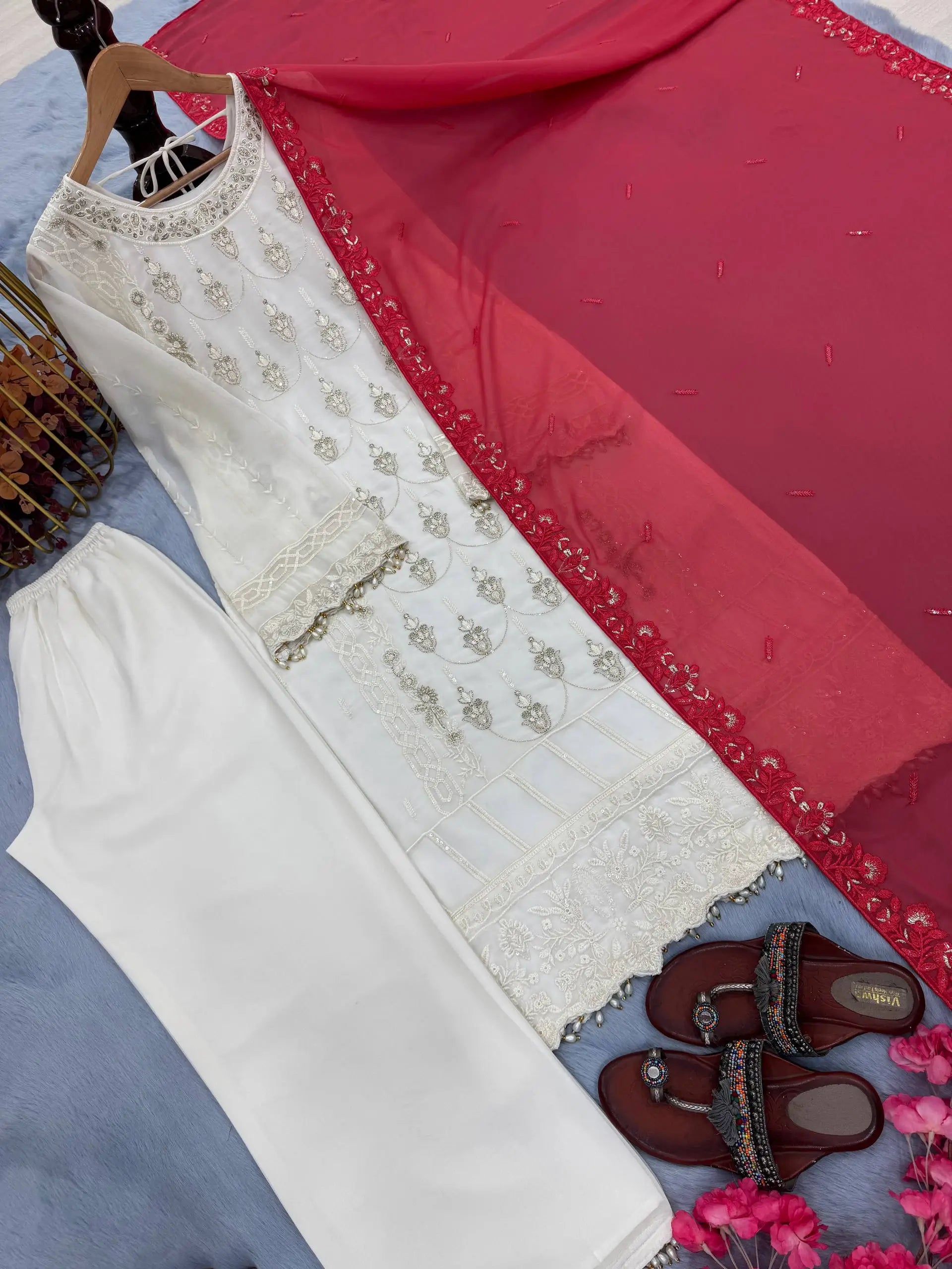 White Faux Georgette Embroidered Suit with Pink Dupatta & Plazzo – Festive Collection