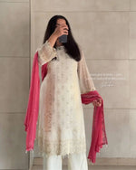 White Faux Georgette Embroidered Suit with Pink Dupatta & Plazzo – Festive Collection