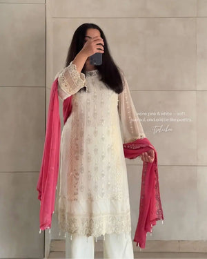 White Faux Georgette Embroidered Suit with Pink Dupatta & Plazzo – Festive Collection