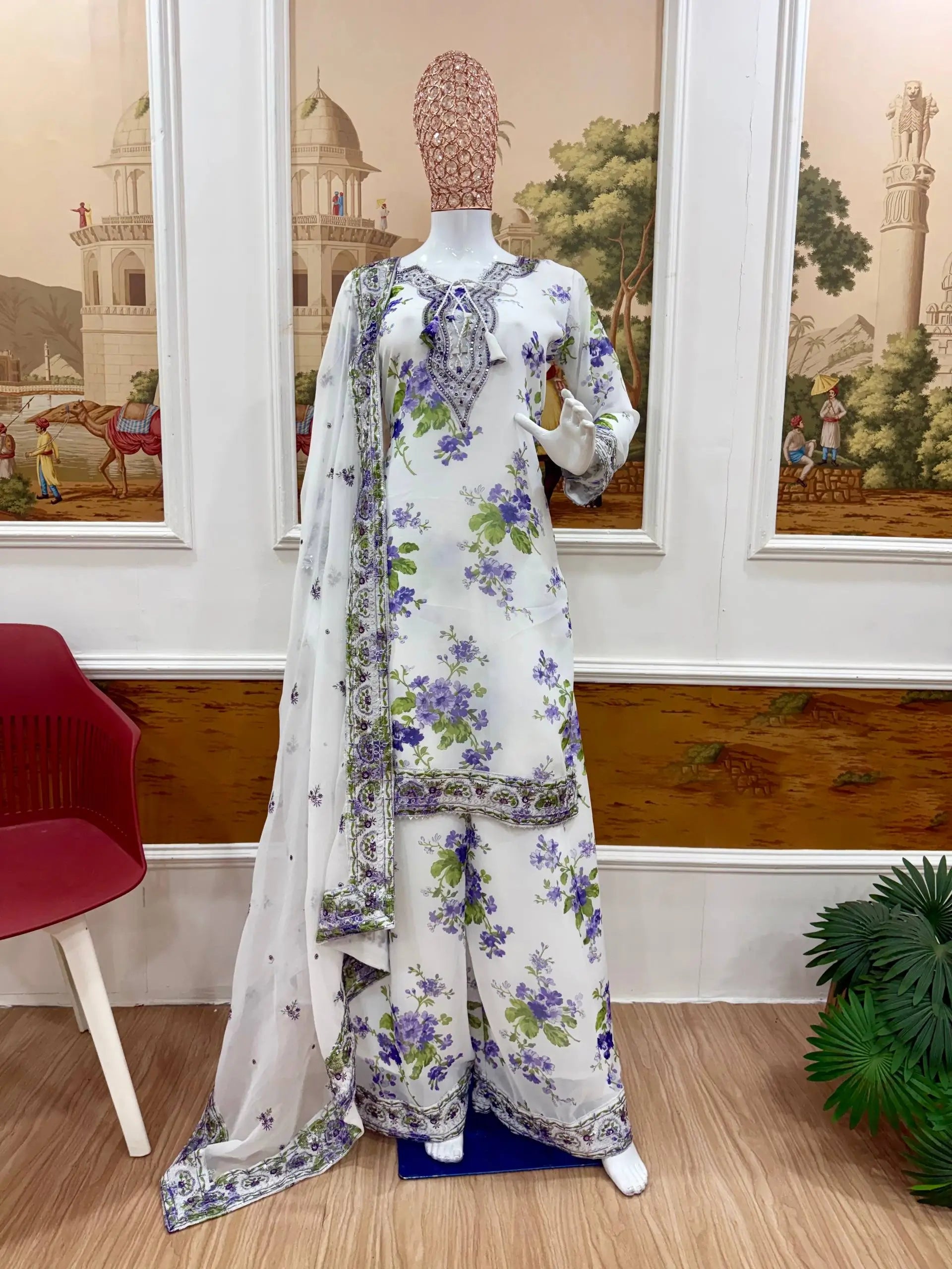 White Floral Georgette Kurta Palazzo Set