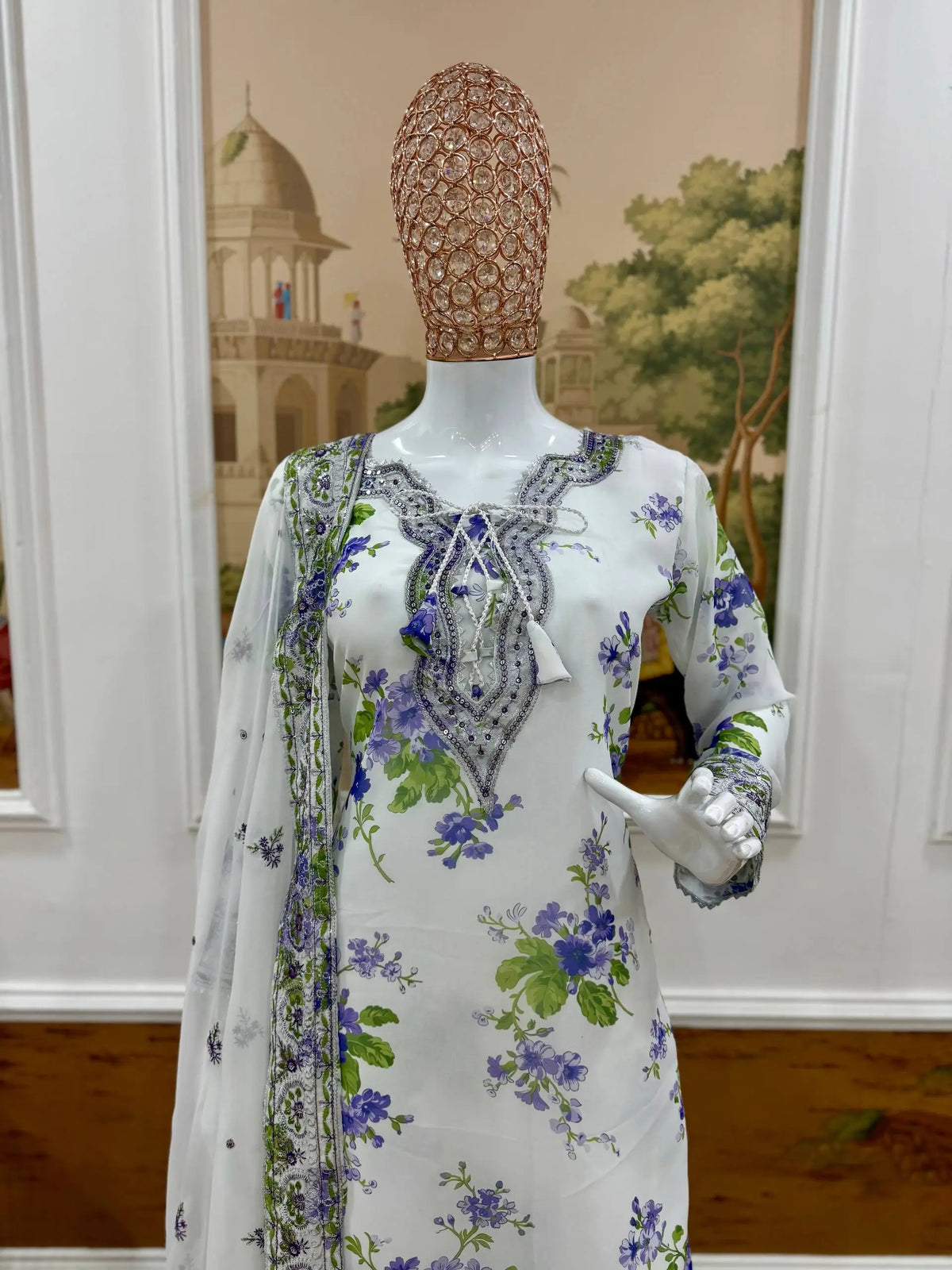 White Floral Georgette Kurta Palazzo Set
