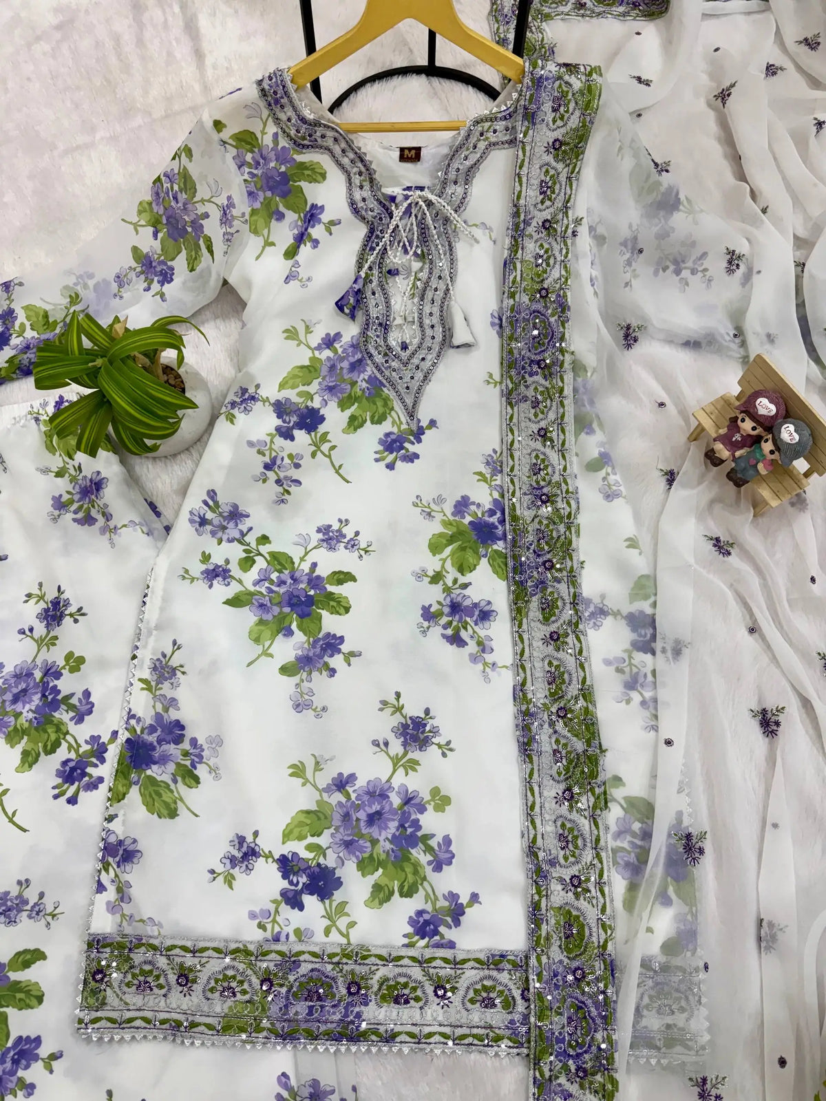 White Floral Georgette Kurta Palazzo Set