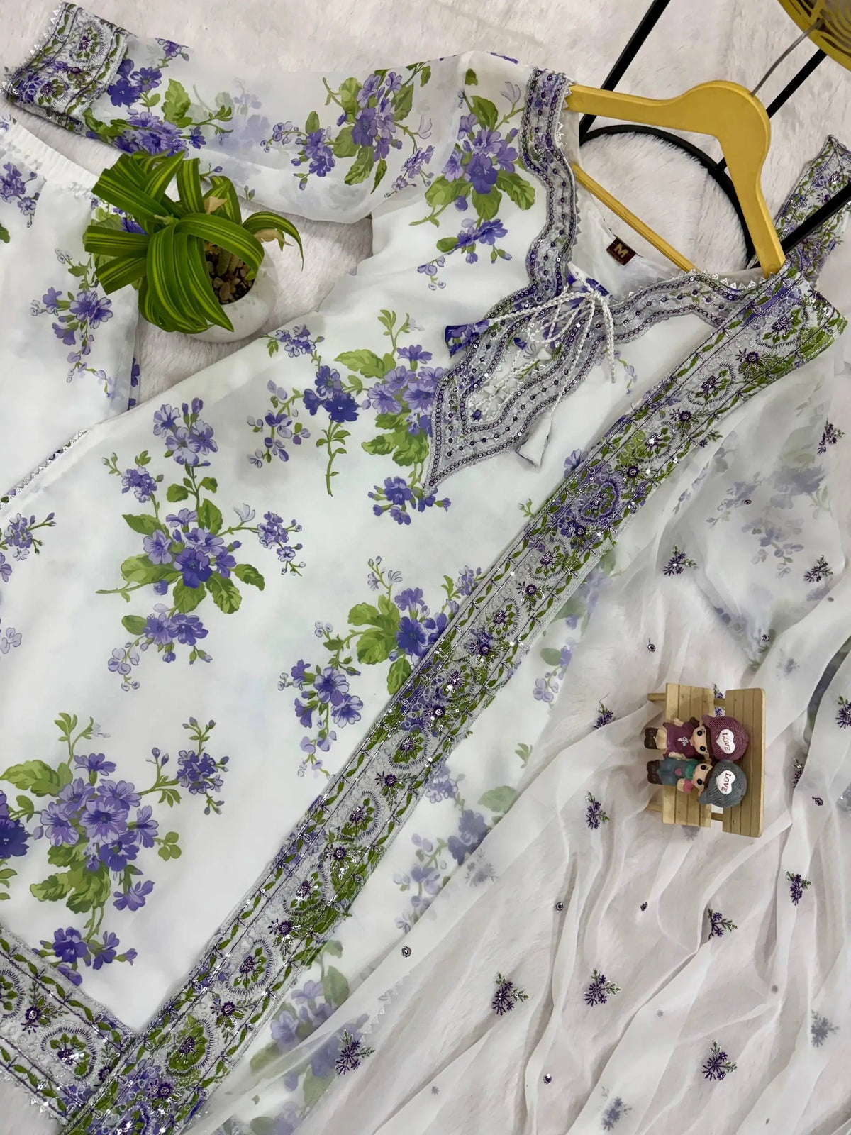 White Floral Georgette Kurta Palazzo Set