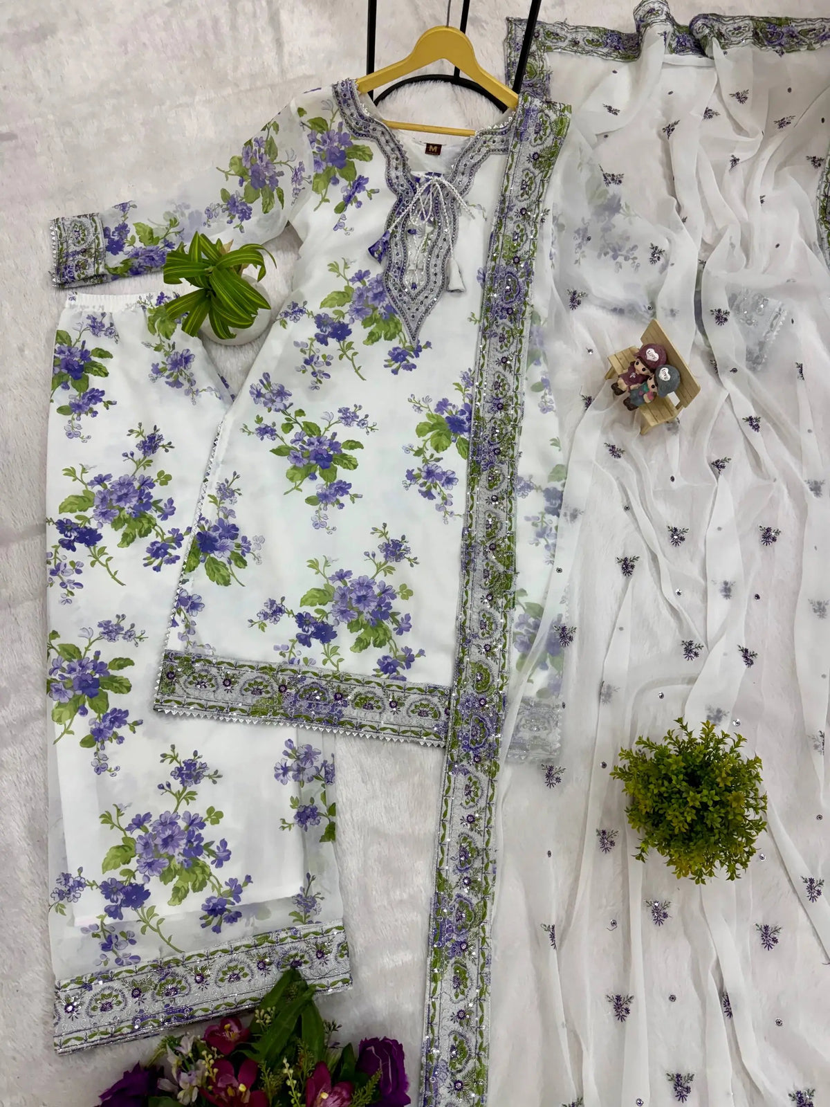 White Floral Georgette Kurta Palazzo Set