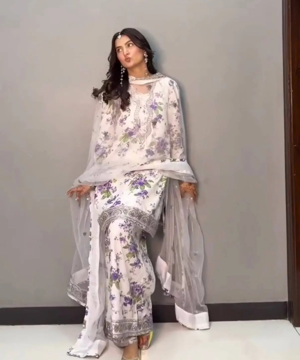 White Floral Georgette Kurta Palazzo Set