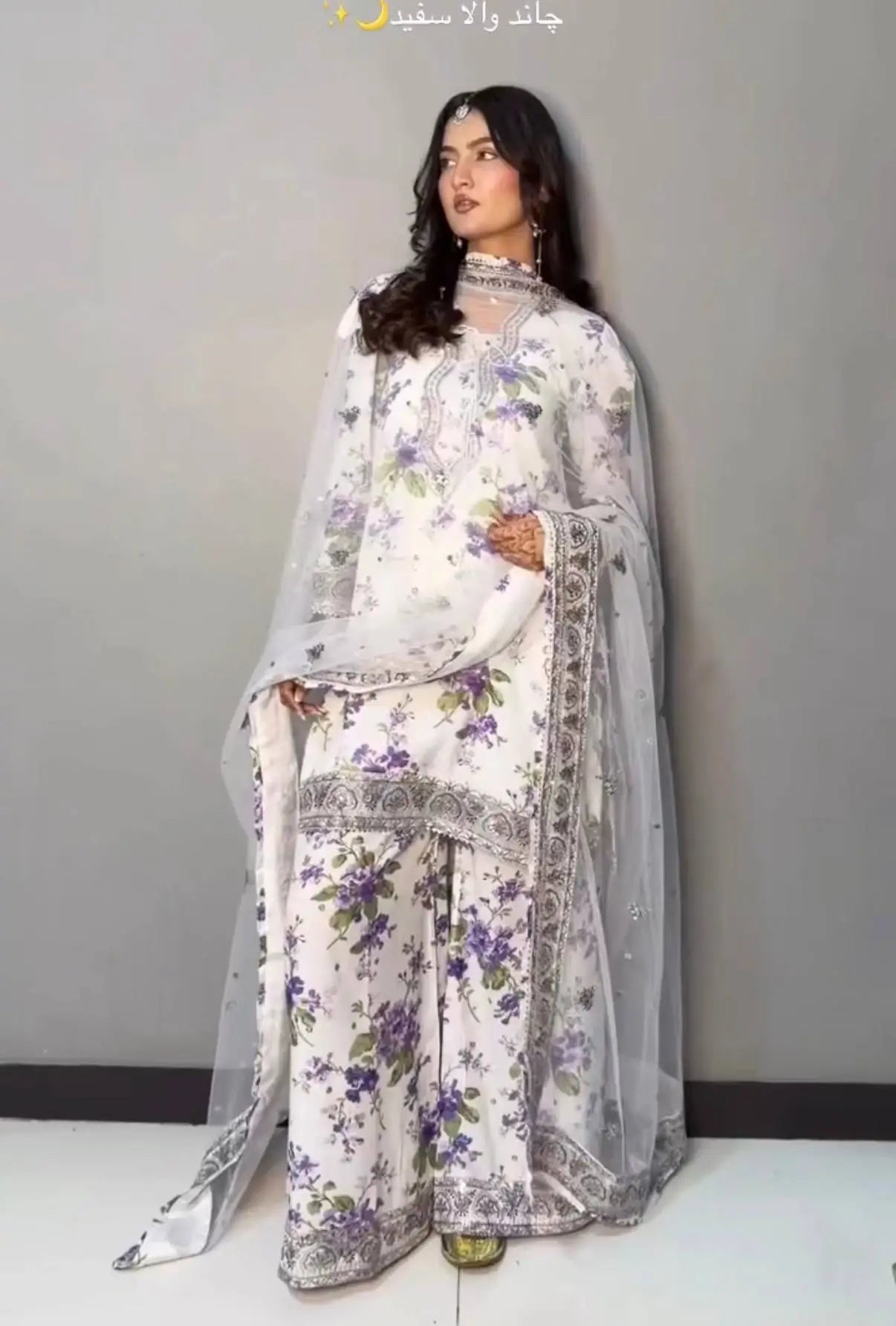 White Floral Georgette Kurta Palazzo Set
