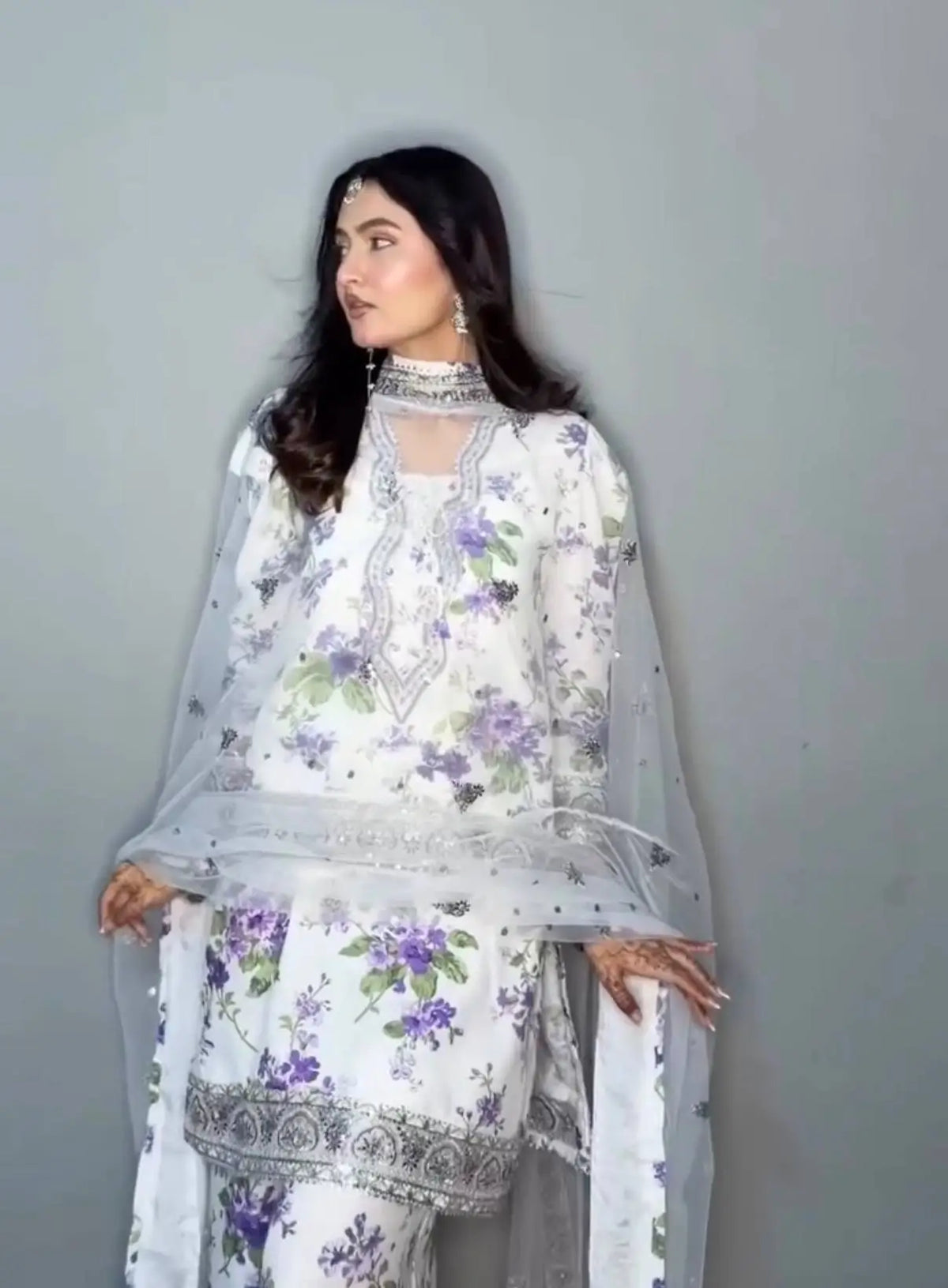 White Floral Georgette Kurta Palazzo Set