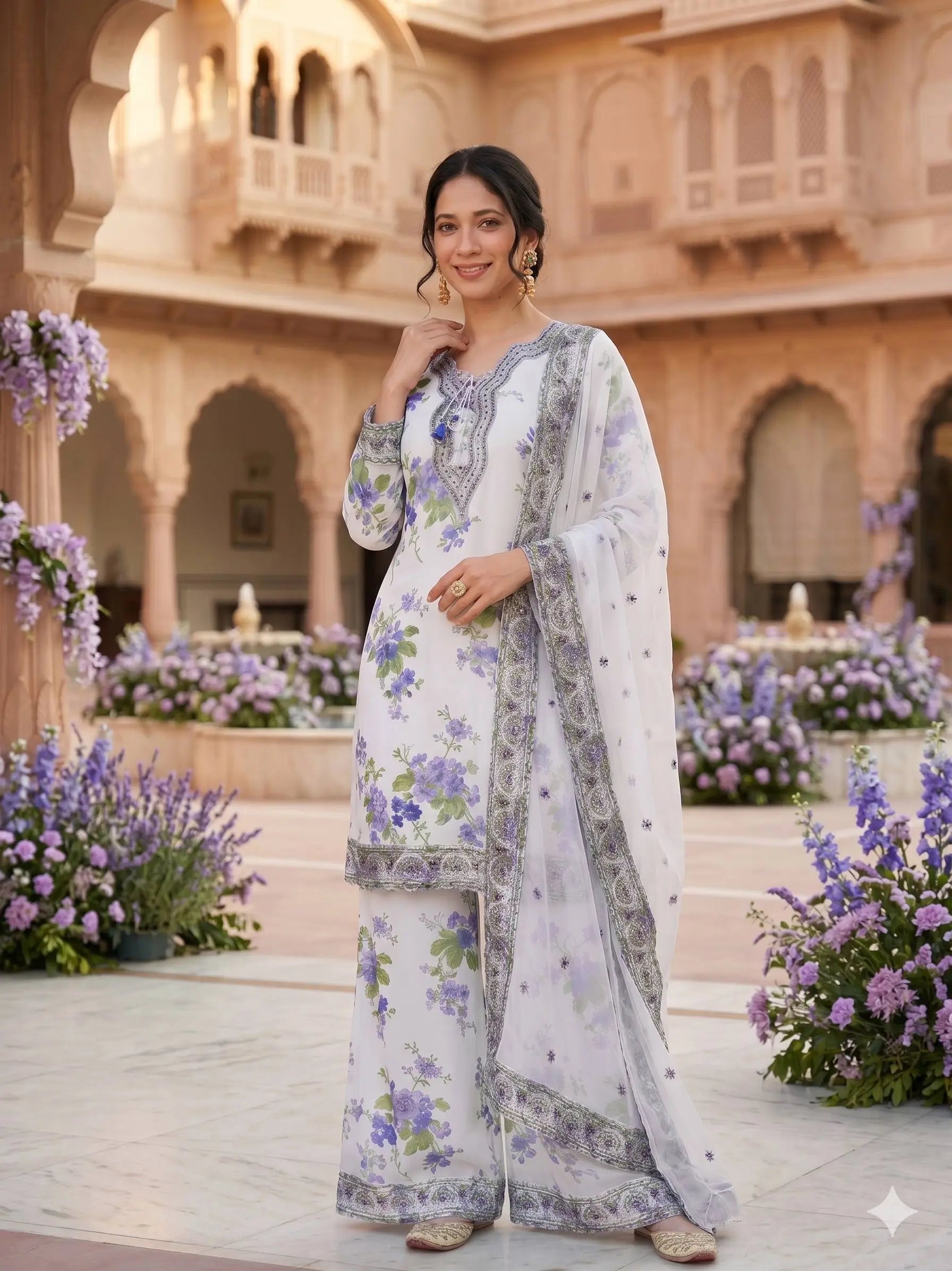 White Floral Georgette Kurta Palazzo Set