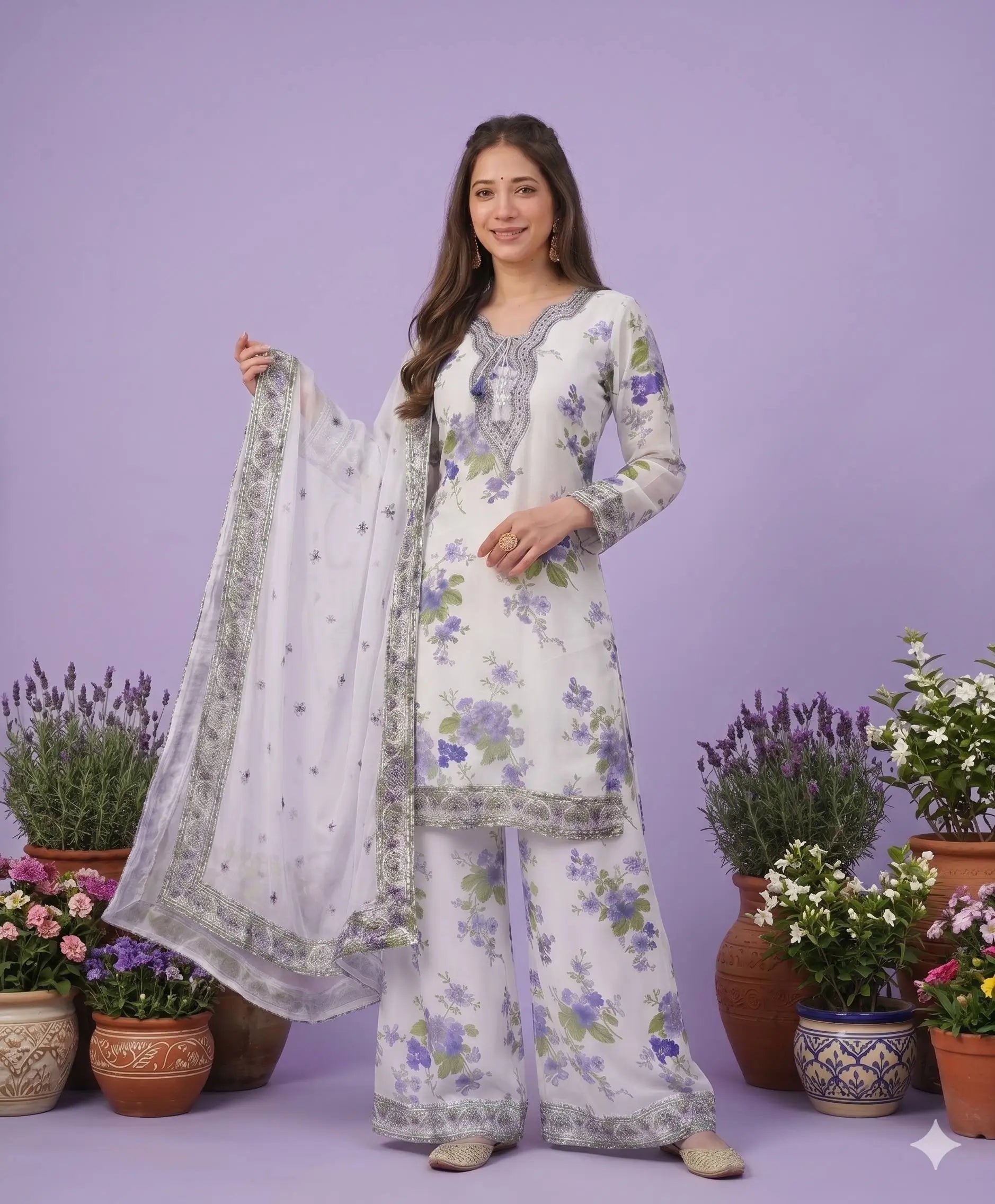 White Floral Georgette Kurta Palazzo Set
