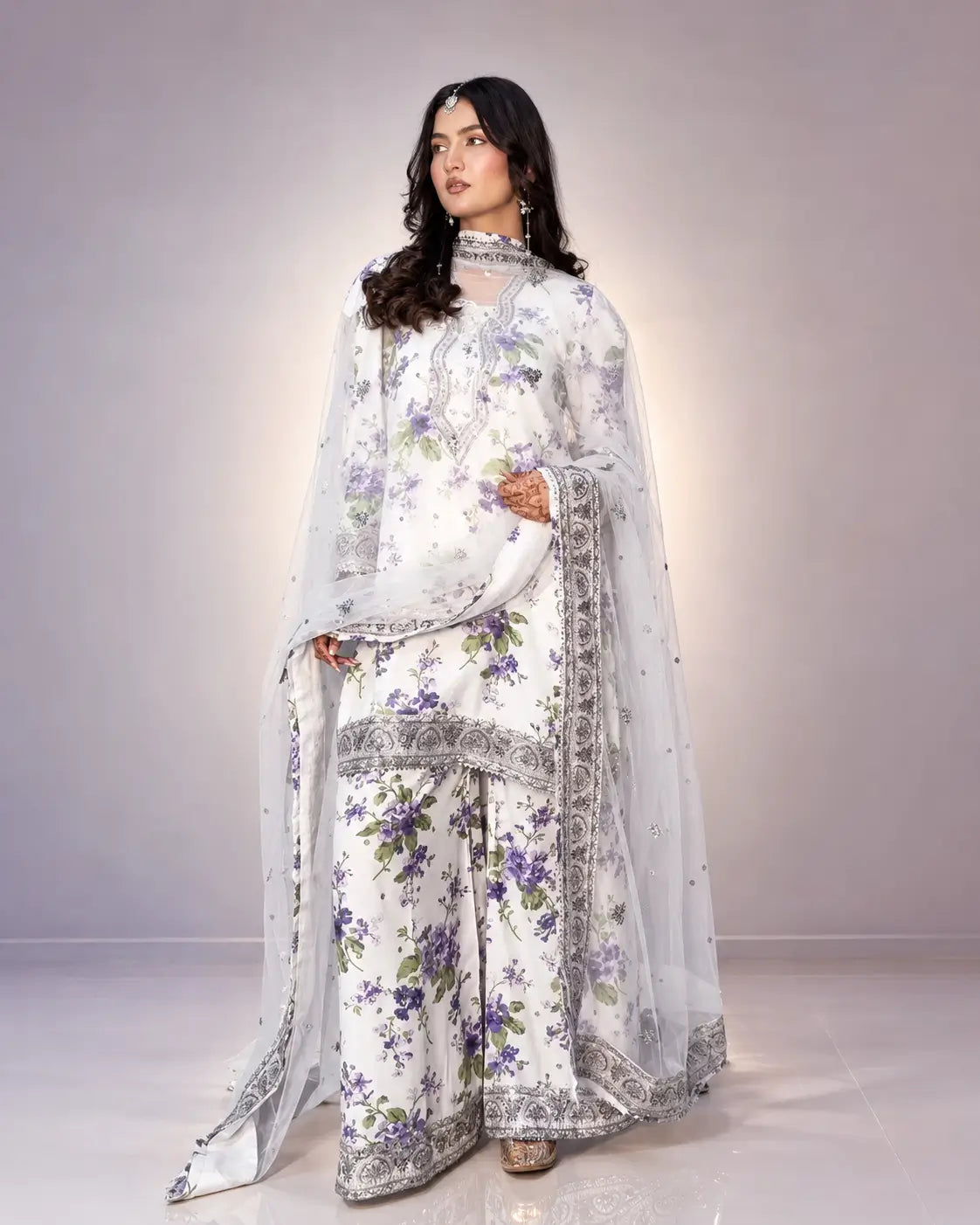White Floral Georgette Kurta Palazzo Set