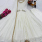 White Fox Georgette Anarkali Gown with Pant & Dupatta | Real Mirror & Sequin Embroidery