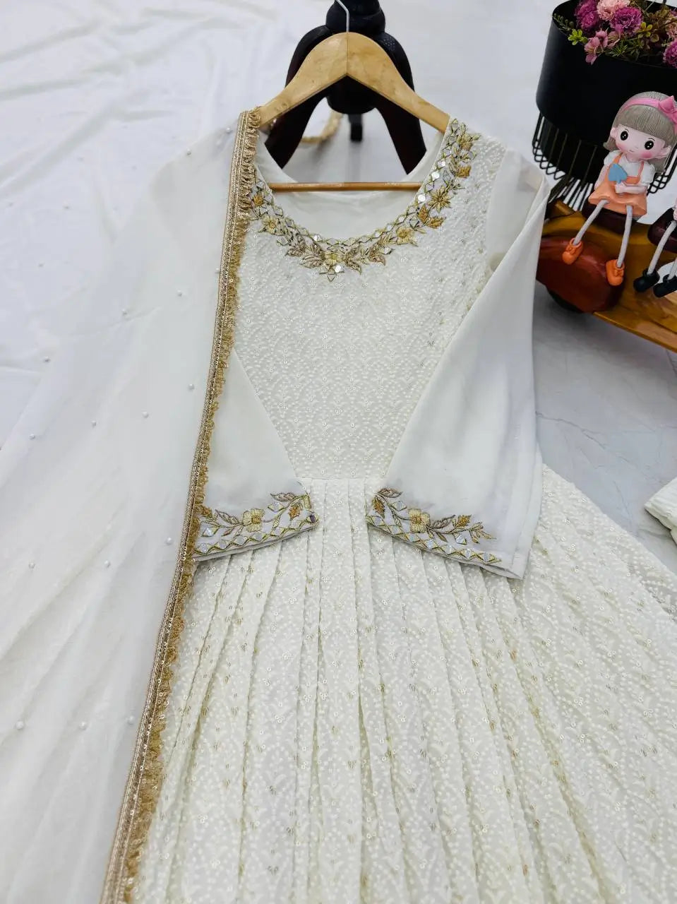 White Fox Georgette Anarkali Gown with Pant & Dupatta | Real Mirror & Sequin Embroidery