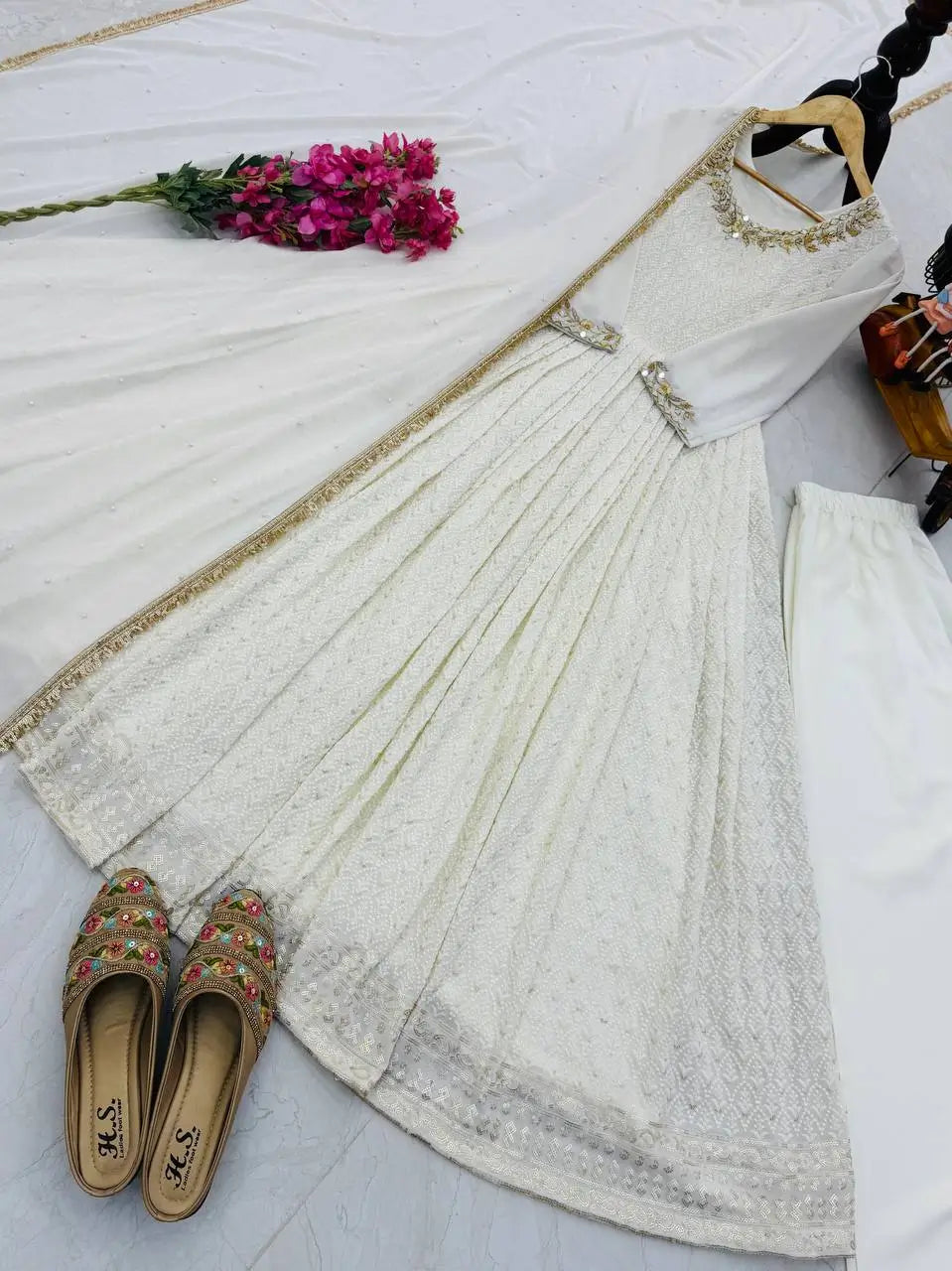 White Fox Georgette Anarkali Gown with Pant & Dupatta | Real Mirror & Sequin Embroidery