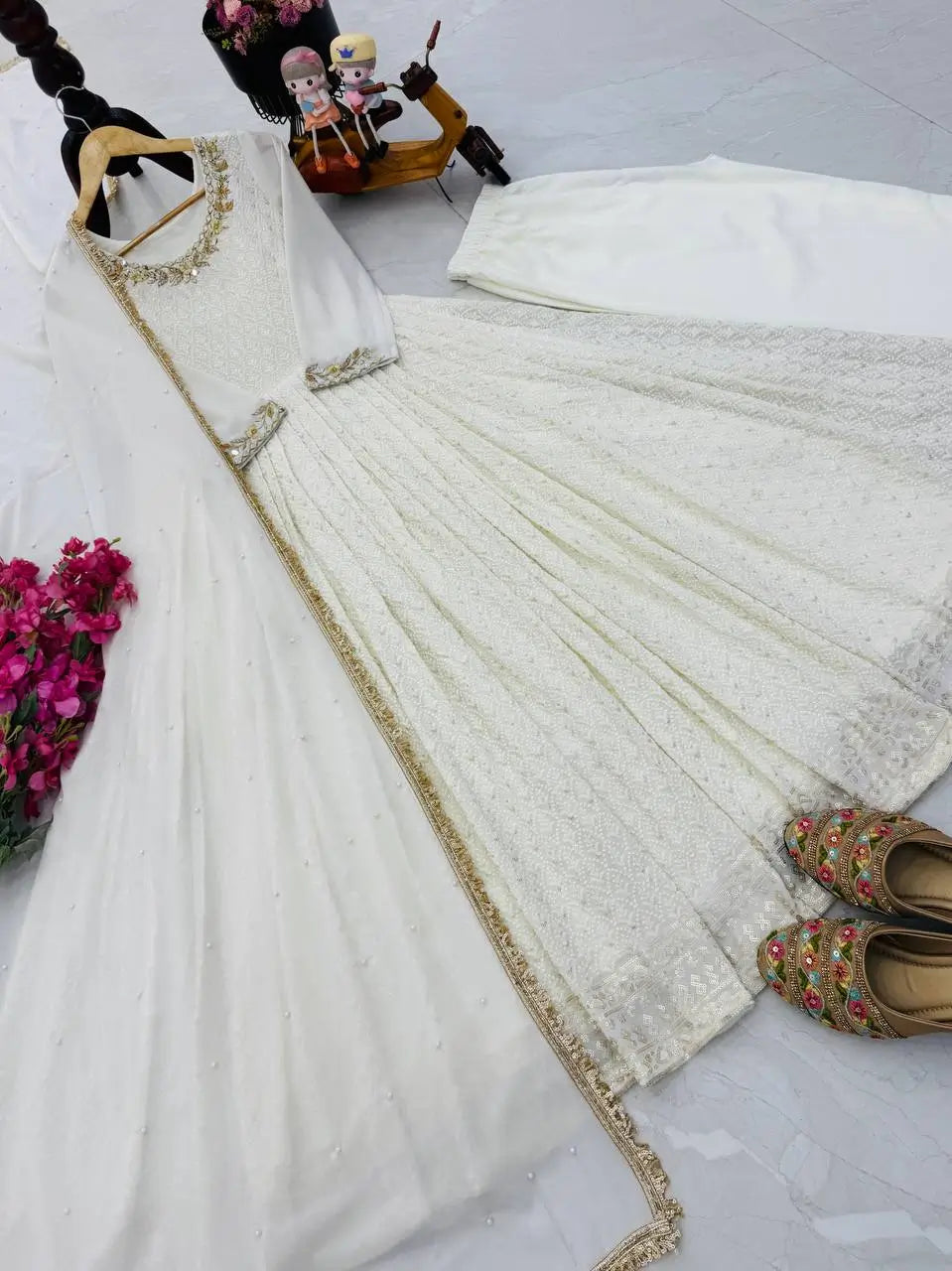 White Fox Georgette Anarkali Gown with Pant & Dupatta | Real Mirror & Sequin Embroidery