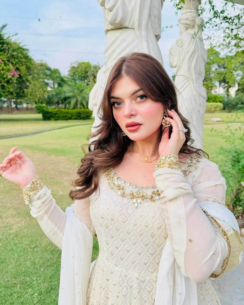 White Fox Georgette Anarkali Gown with Pant & Dupatta | Real Mirror & Sequin Embroidery