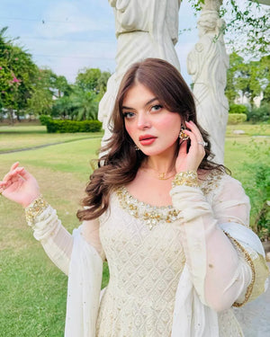 White Fox Georgette Anarkali Gown with Pant & Dupatta | Real Mirror & Sequin Embroidery
