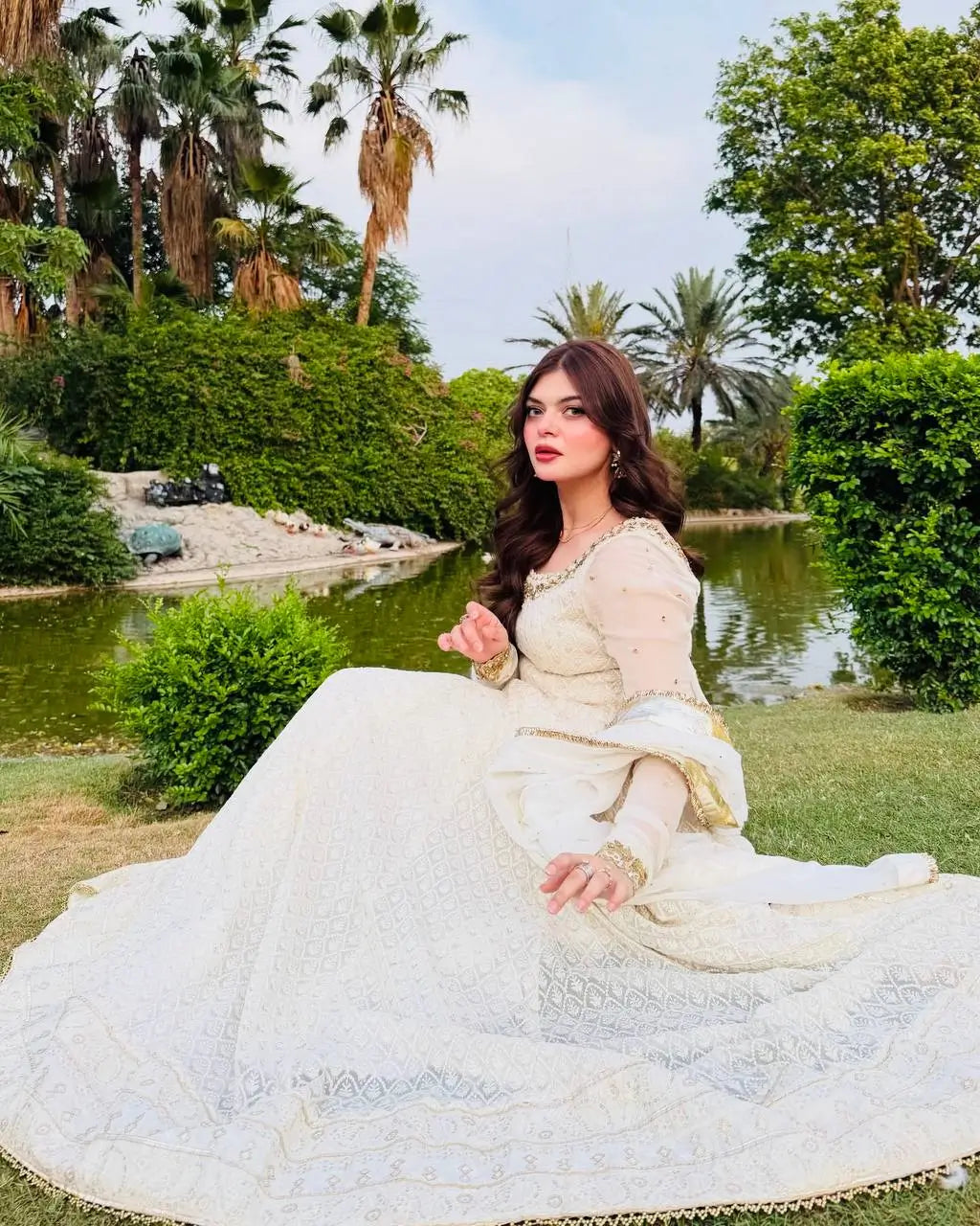 White Fox Georgette Anarkali Gown with Pant & Dupatta | Real Mirror & Sequin Embroidery