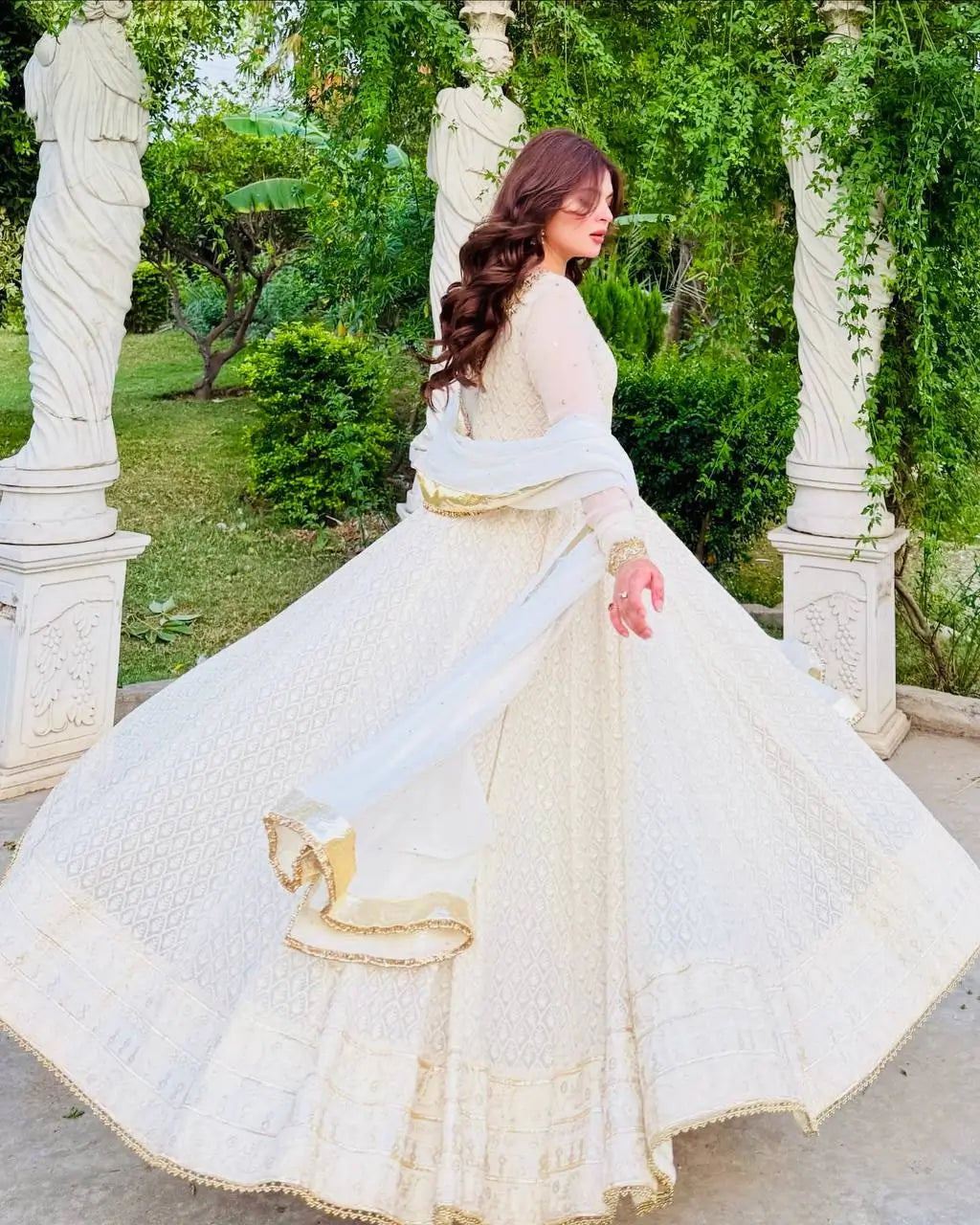 White Fox Georgette Anarkali Gown with Pant & Dupatta | Real Mirror & Sequin Embroidery