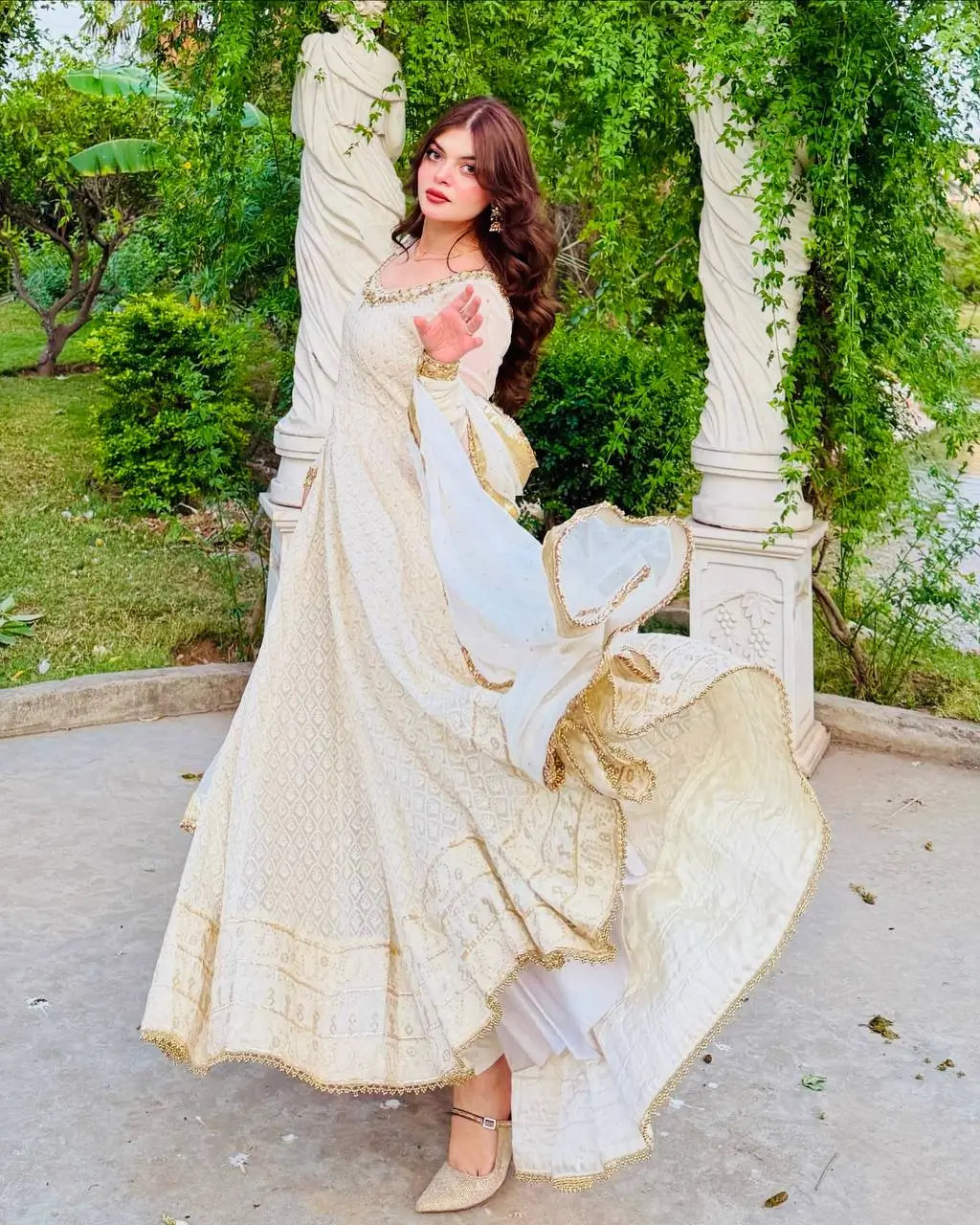 White Fox Georgette Anarkali Gown with Pant & Dupatta | Real Mirror & Sequin Embroidery