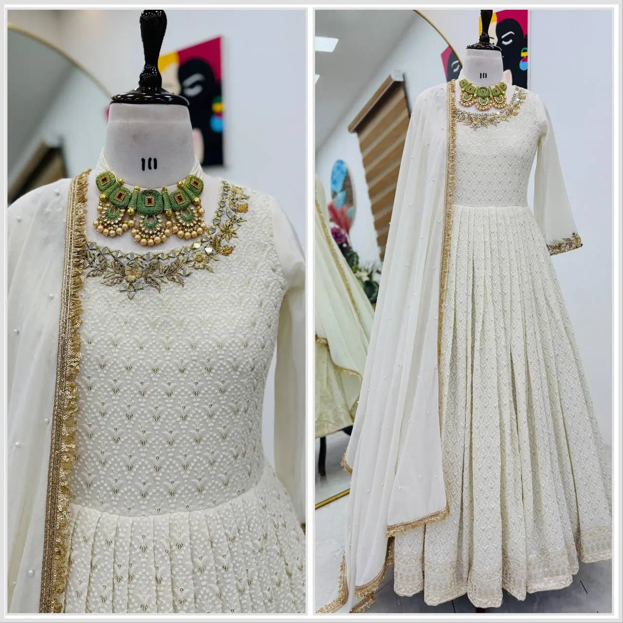 White Fox Georgette Anarkali Gown with Pant & Dupatta | Real Mirror & Sequin Embroidery
