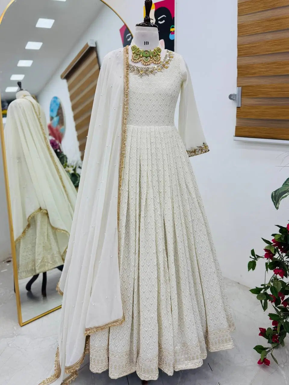 White Fox Georgette Anarkali Gown with Pant & Dupatta | Real Mirror & Sequin Embroidery