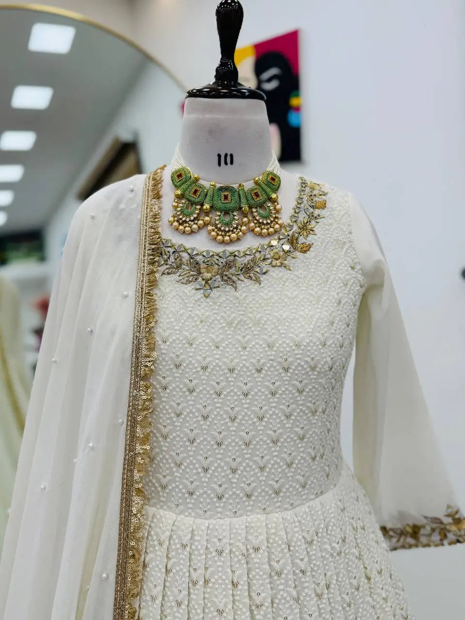 White Fox Georgette Anarkali Gown with Pant & Dupatta | Real Mirror & Sequin Embroidery