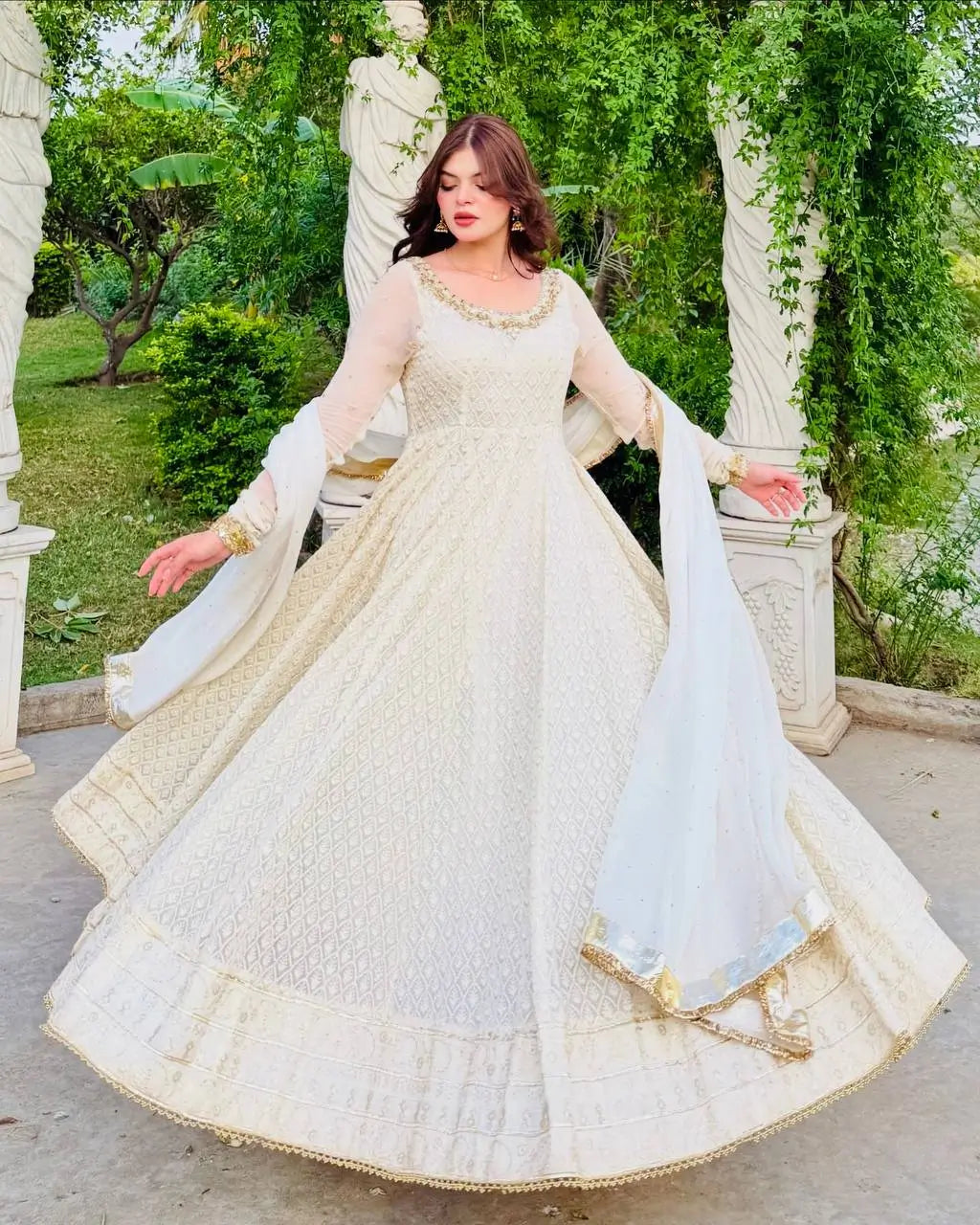 White Fox Georgette Anarkali Gown with Pant & Dupatta | Real Mirror & Sequin Embroidery
