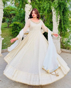 White Fox Georgette Anarkali Gown with Pant & Dupatta | Real Mirror & Sequin Embroidery