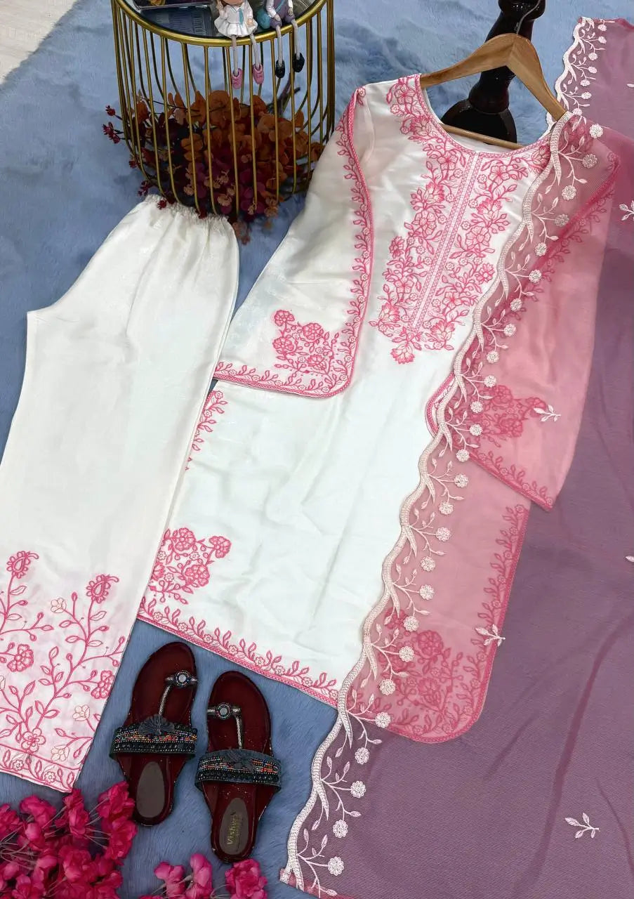 White Roman Glass Embroidery Suit with Dupatta