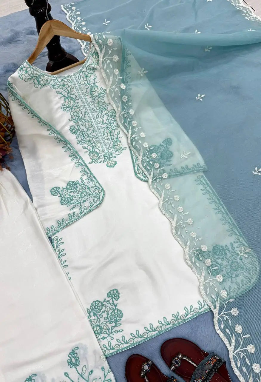 White Roman Glass Embroidery Suit with Dupatta