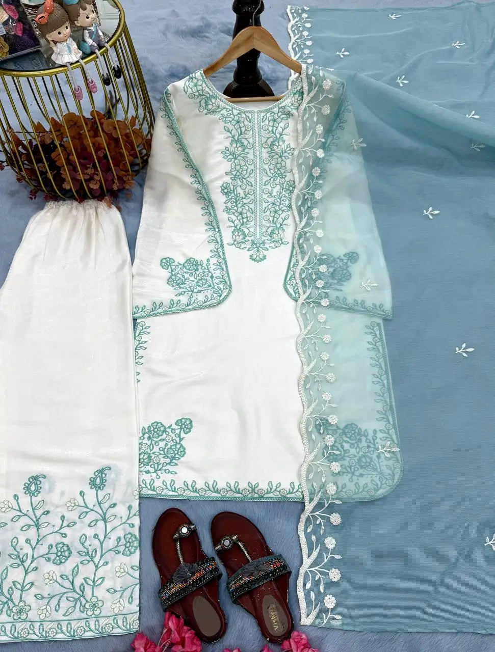 White Roman Glass Embroidery Suit with Dupatta