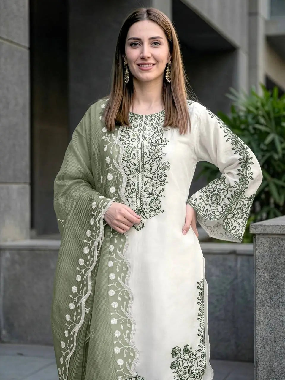 White Roman Glass Embroidery Suit with Dupatta
