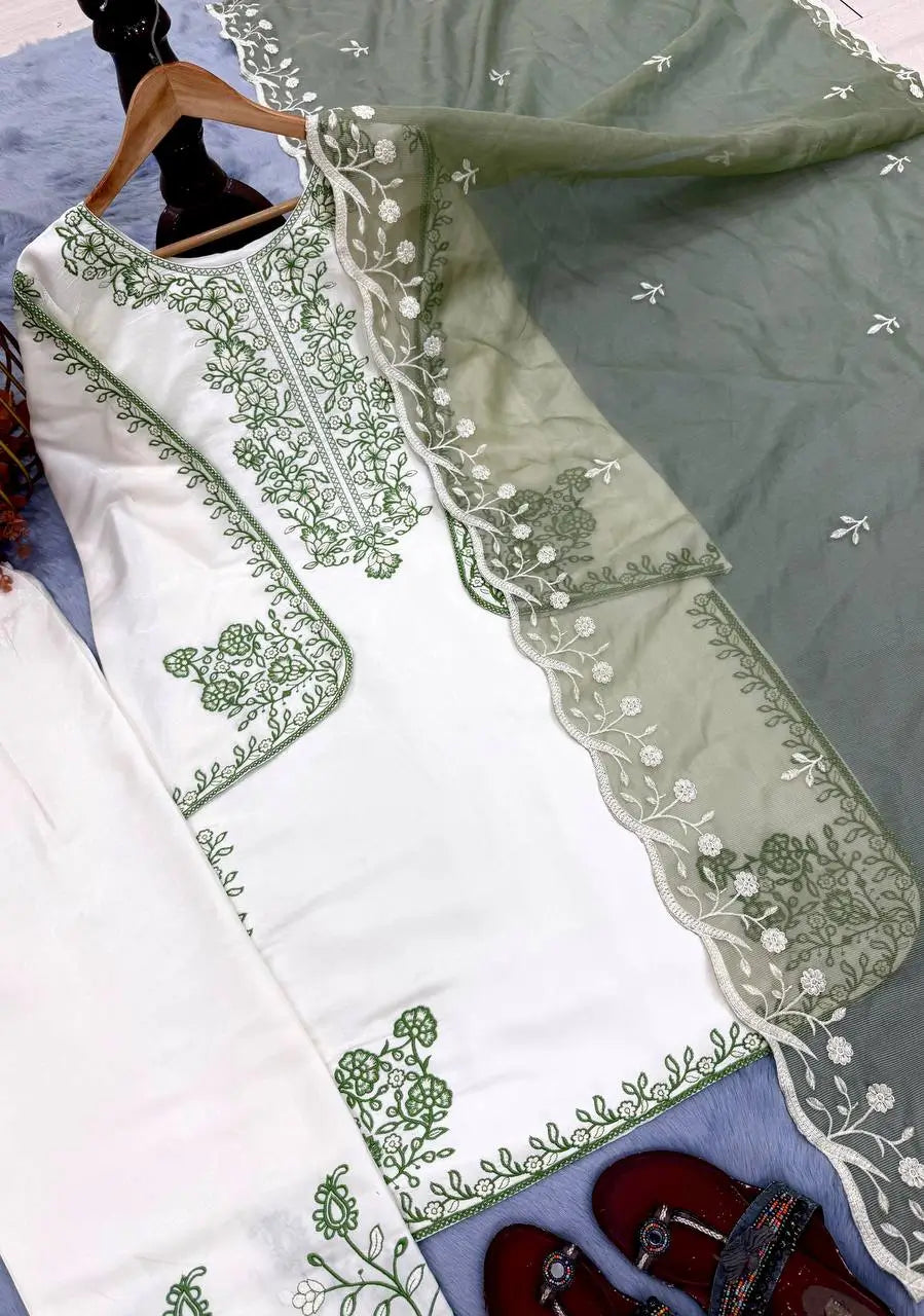 White Roman Glass Embroidery Suit with Dupatta